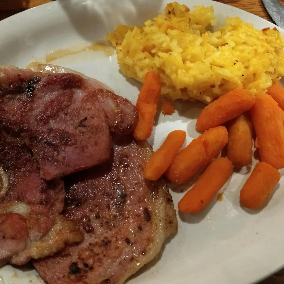 Country Ham with Hash Brown Casserole & Baby Carrots