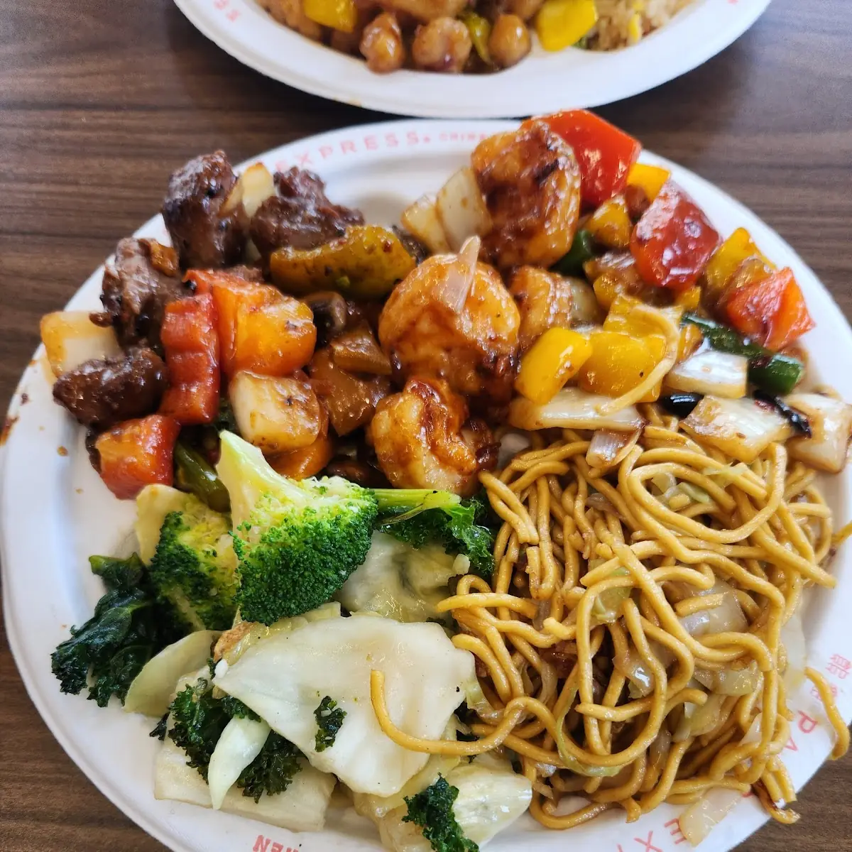 Half Super Greens Half Lo Mein Firecracker Shrimp Black Pepper Angus Steak