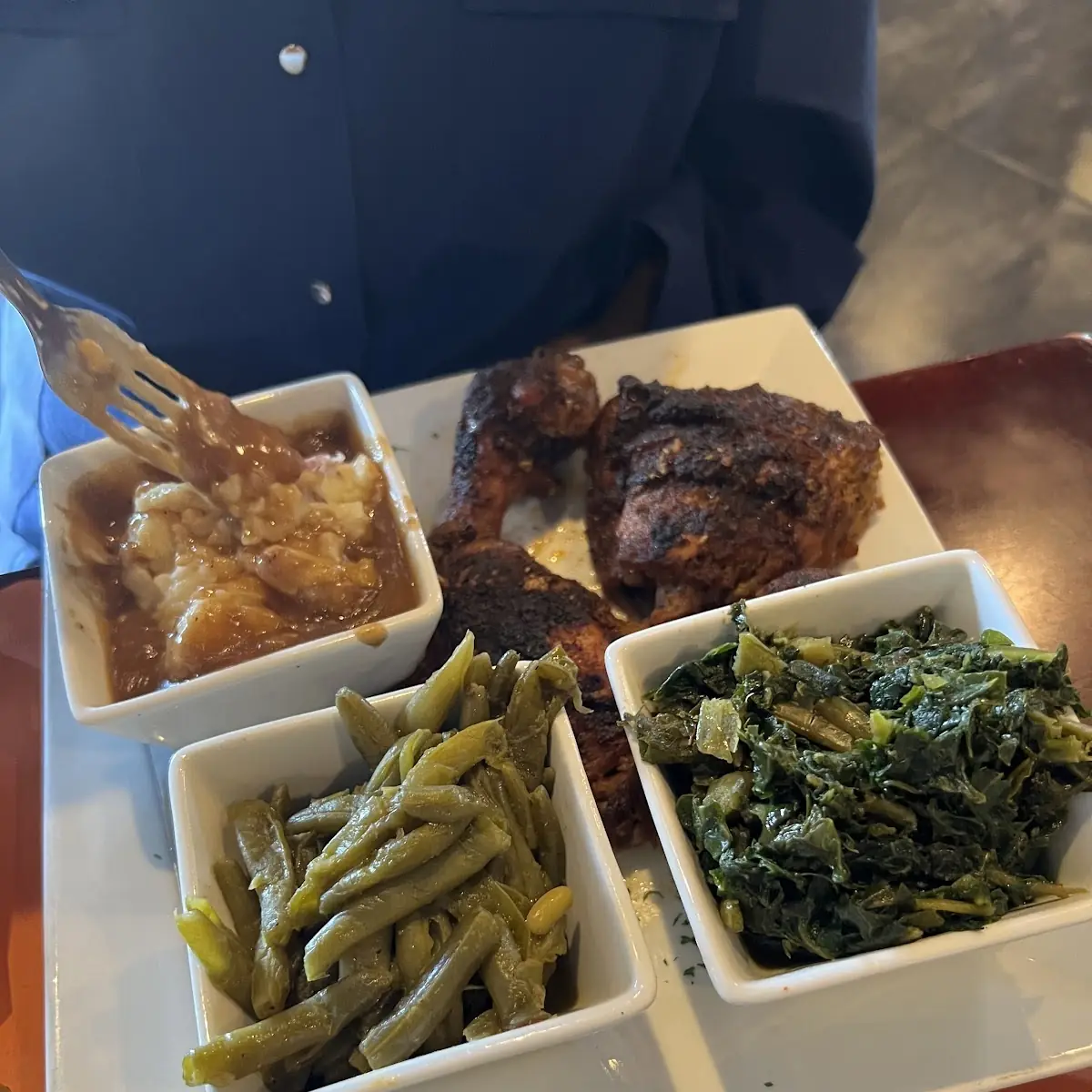 Baked Chicken Green Beans Collards and Mashed Potatoes