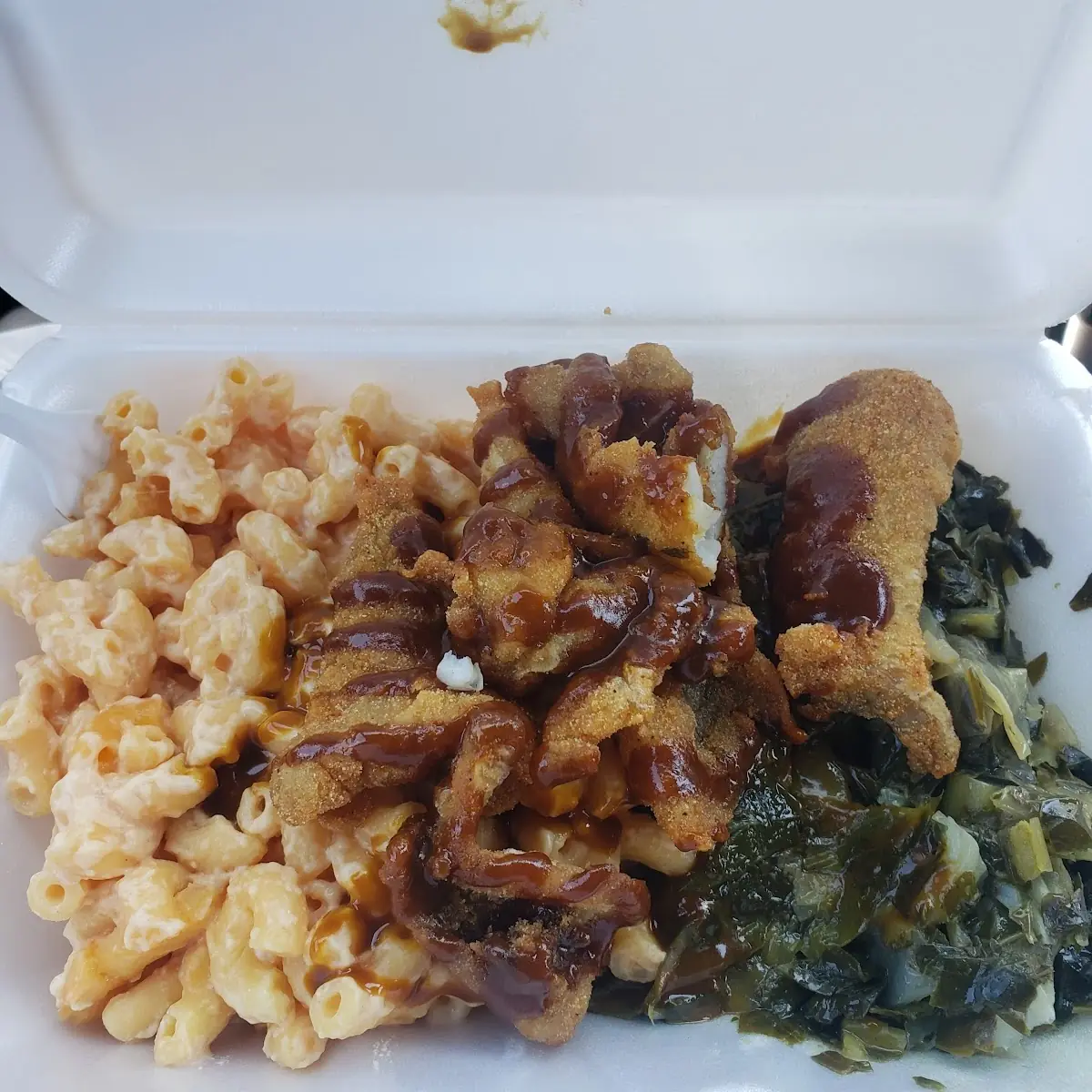 Whiting Dinner with Mac N Cheese and Greens