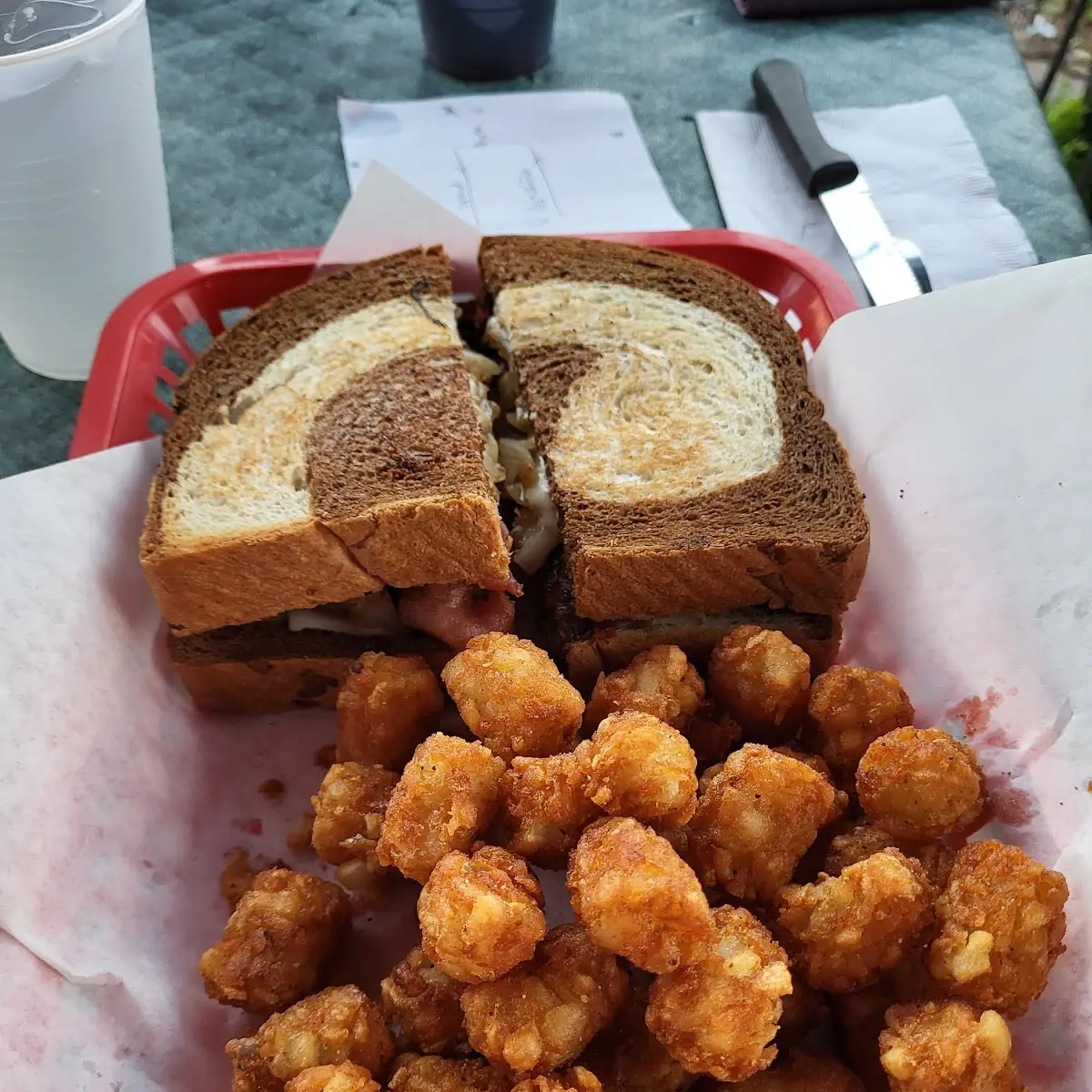 Patty Melt Sandwich and Tater Tots