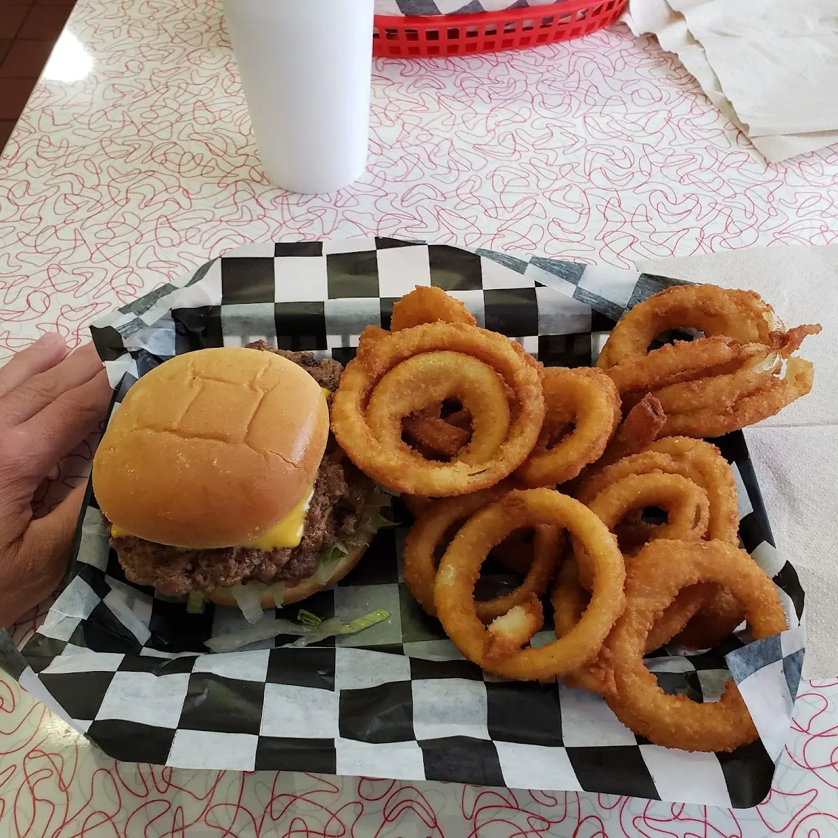 Burger and Onion Rings