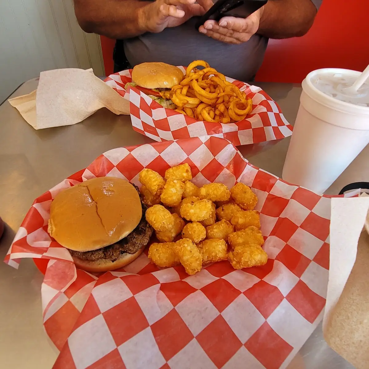 Hamburger and Tots Double Cheese Burger with Seasoned Curly Fries
