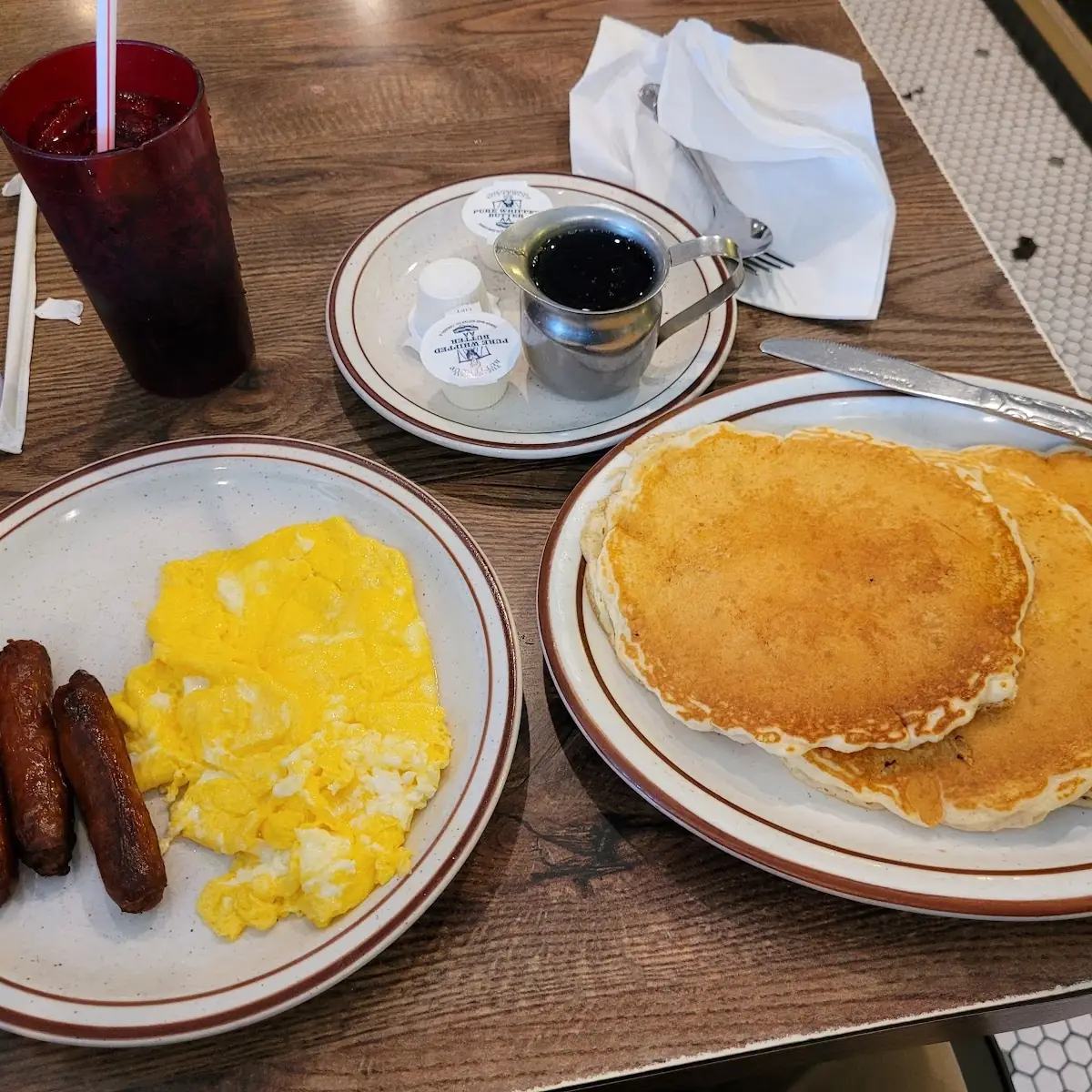 Scrambled Eggs Sausage and Pancakes