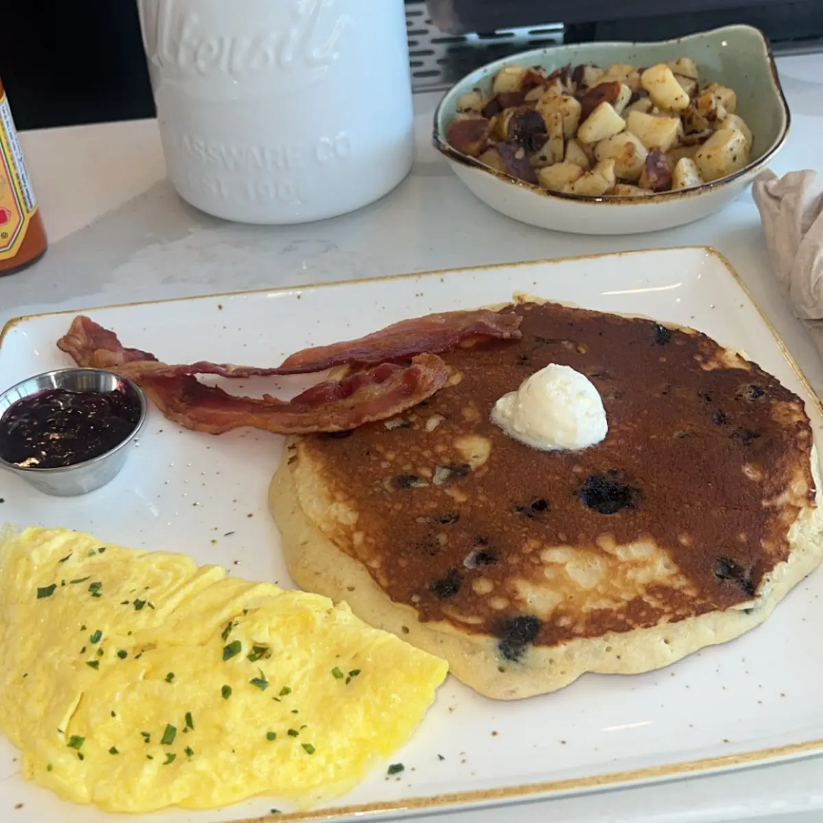 Blueberry Pancake House Potatoes Egg and Bacon
