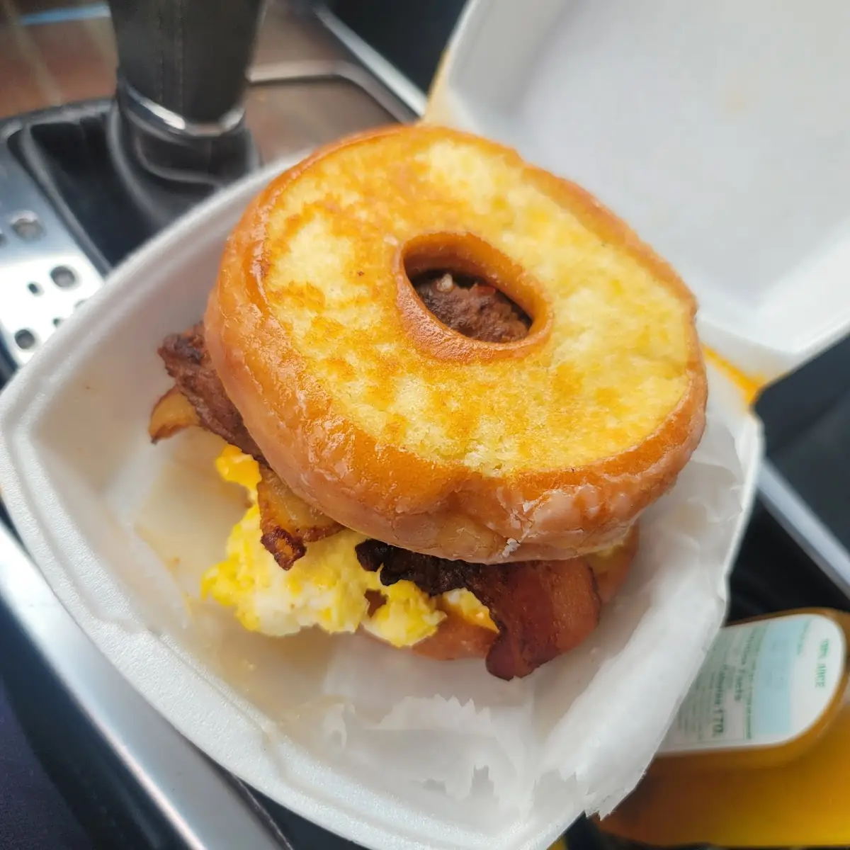 Hot Sausage Bacon Eggs N Cheese Sandwich on a Doughnut