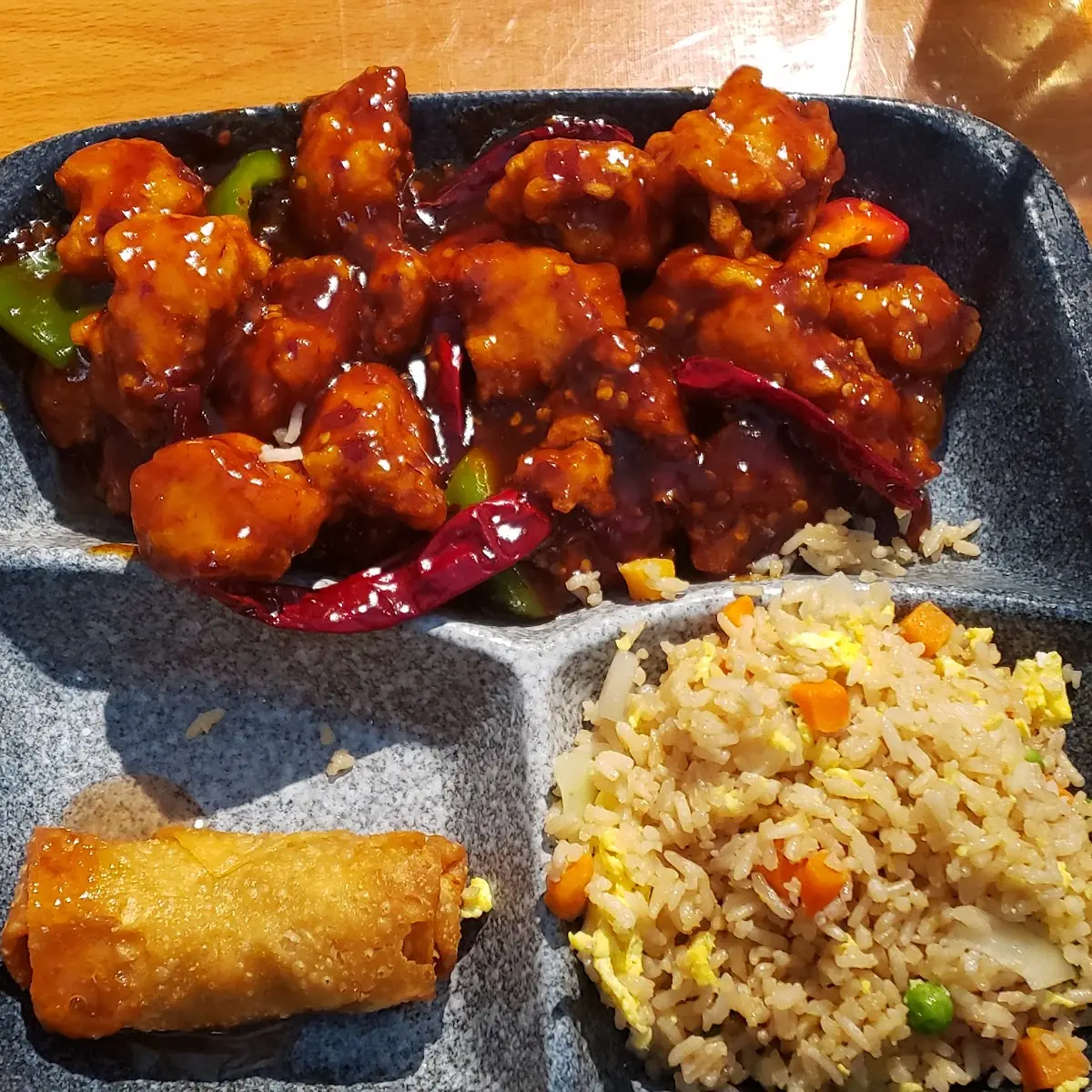 Orange Chicken with Fried Rice and Egg Roll