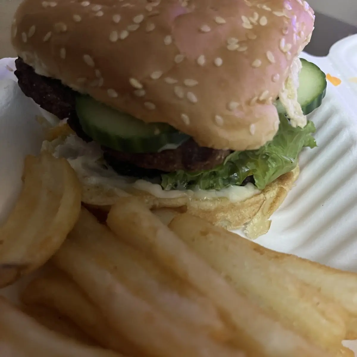 Double Patty Beef Burger with Fried Egg and Fries, Hungry Bite