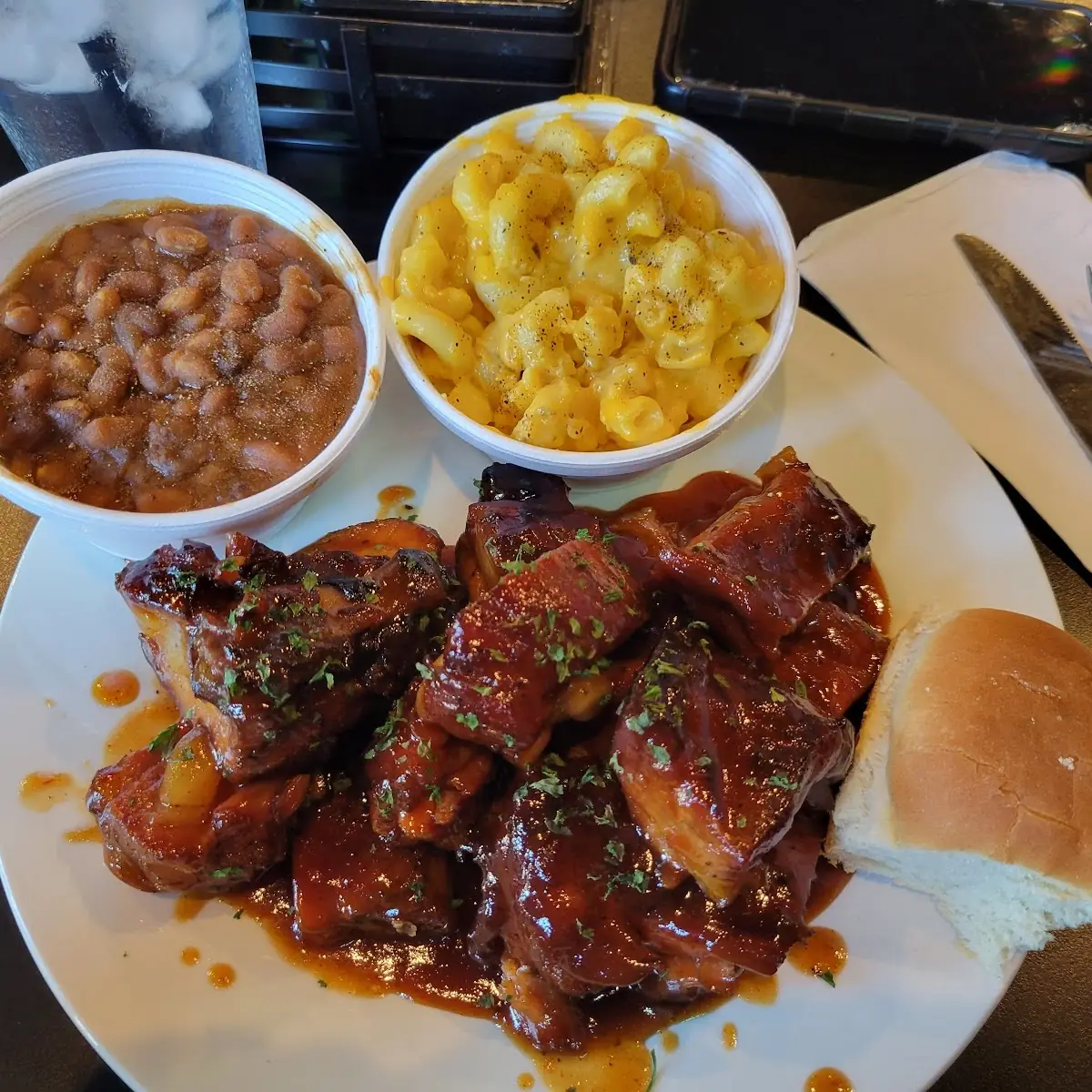 BBQ Rib Tips Mac & Cheese and Baked Beans