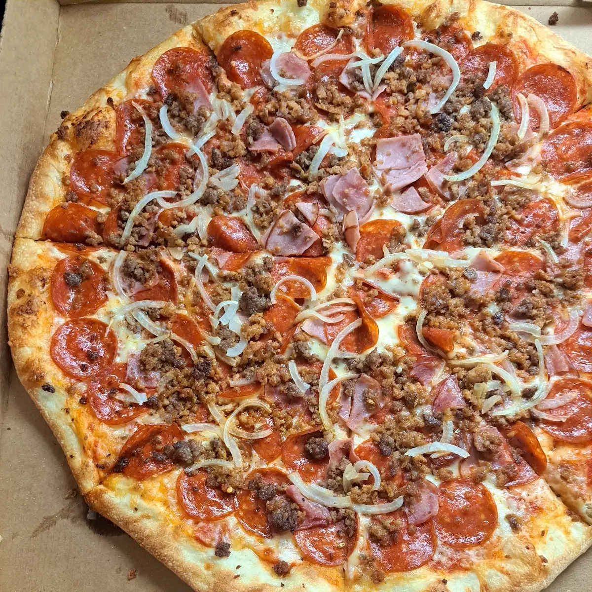 Large Thin and Crispy Hamburger Pepperoni and Onion Pizza