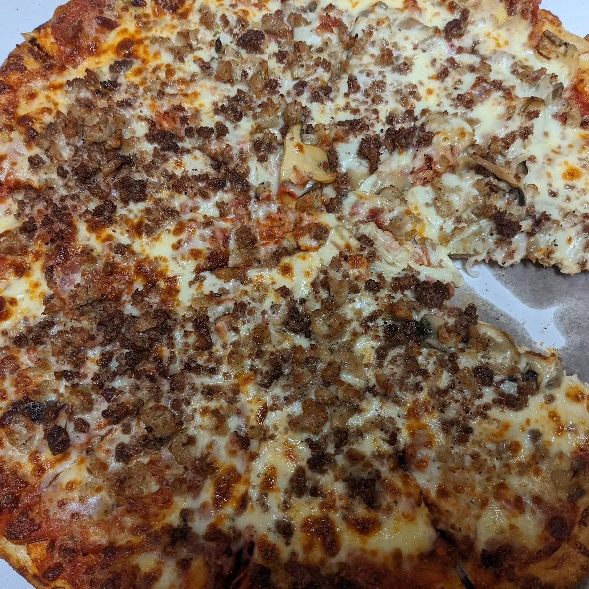 Meat Pizza with Mushrooms on Half and Extra Cheese