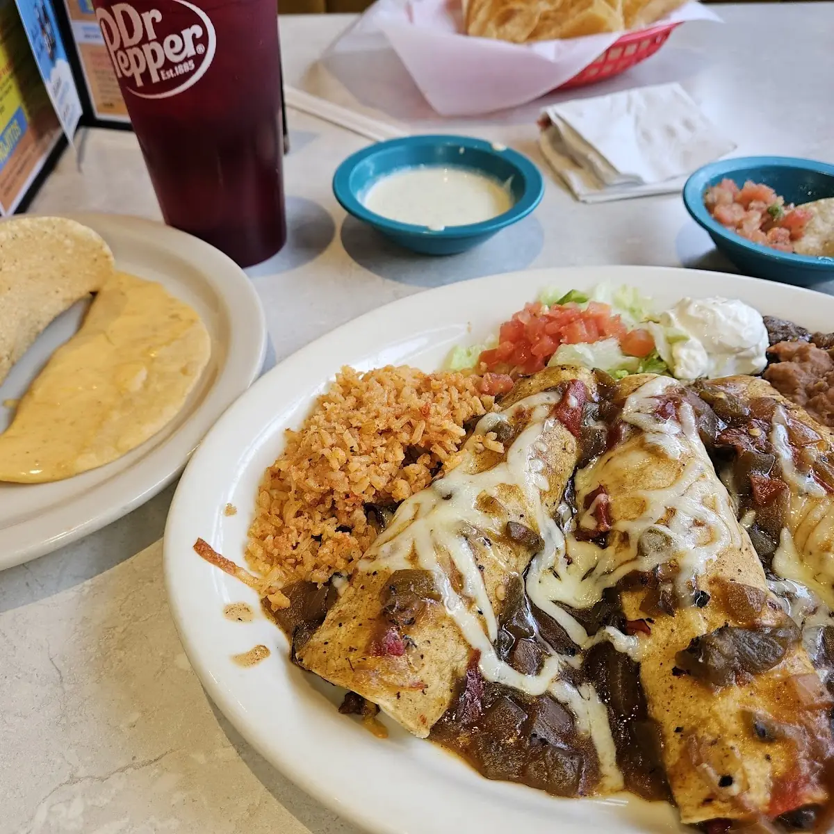 Chile Relleno Chicken Enchilada Rice and Beans