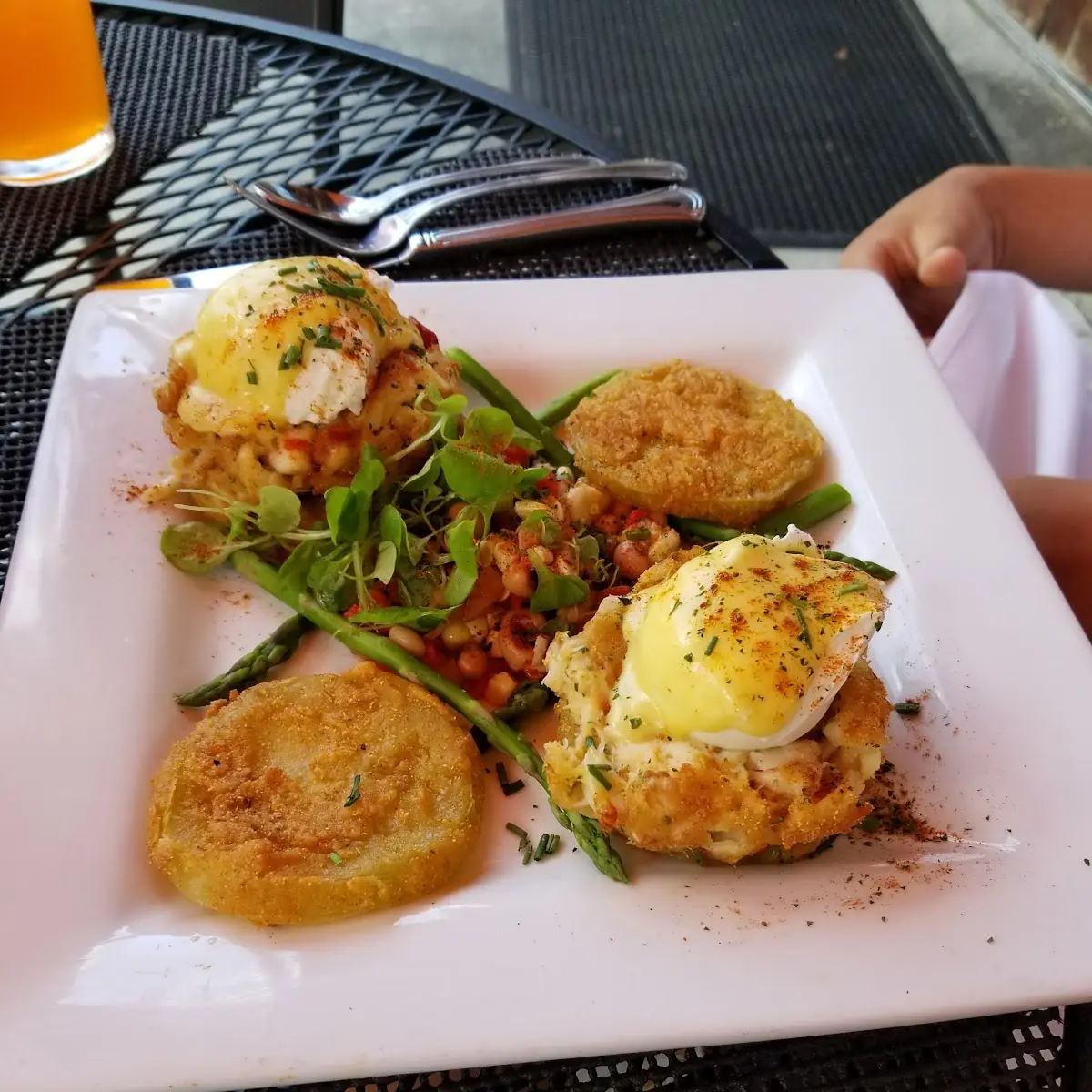Crab Hash & Fried Green Tomato Eggs Benedict