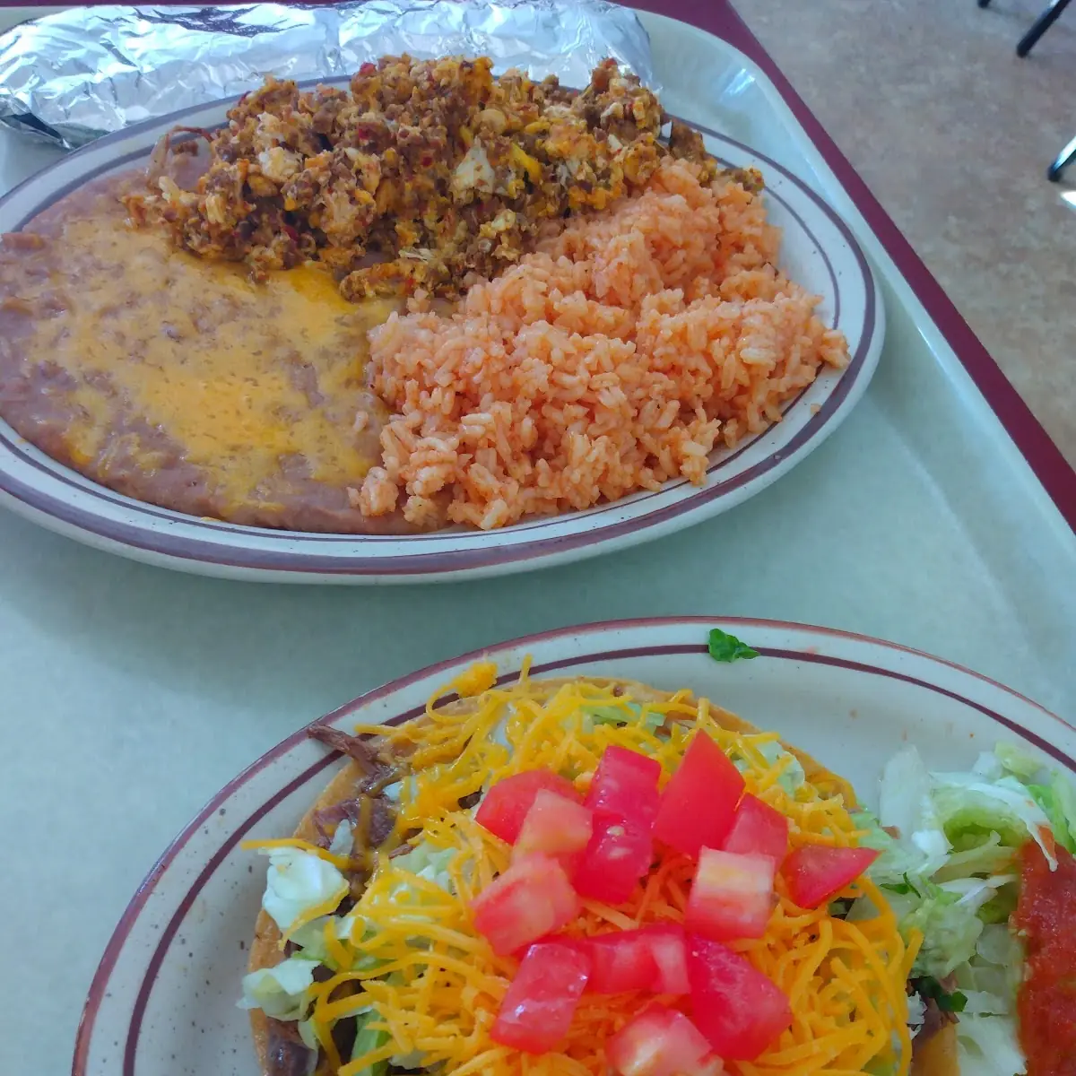 Shredded Beef Tostada and Chorizo and Eggs