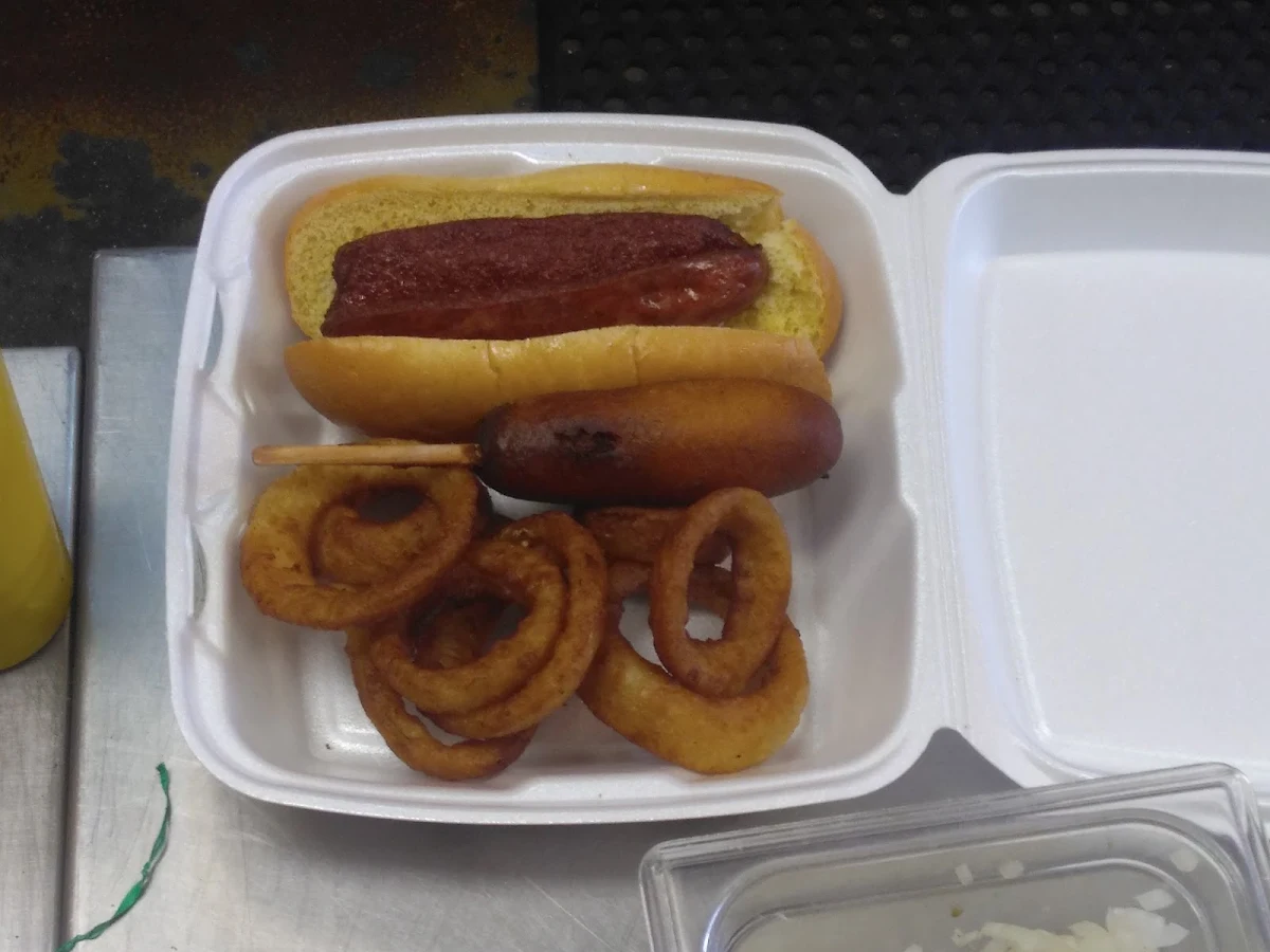 Kielbasa Corn Dog and Onion Rings