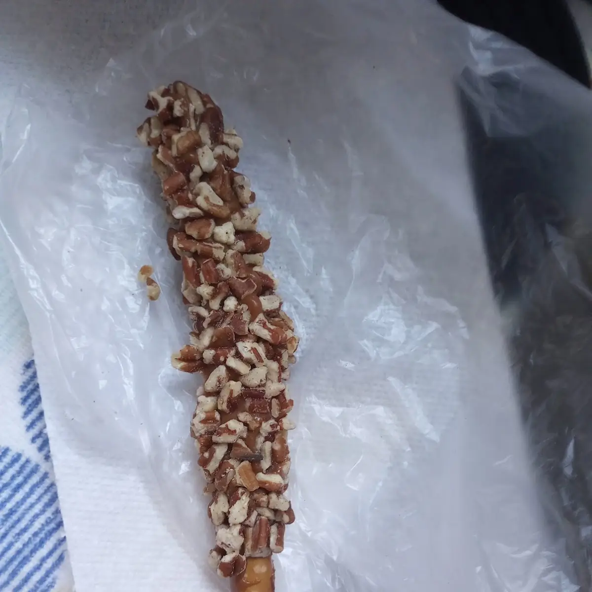 Hand-Dipped Pecan and Caramel Nuts on a Pretzel Rod