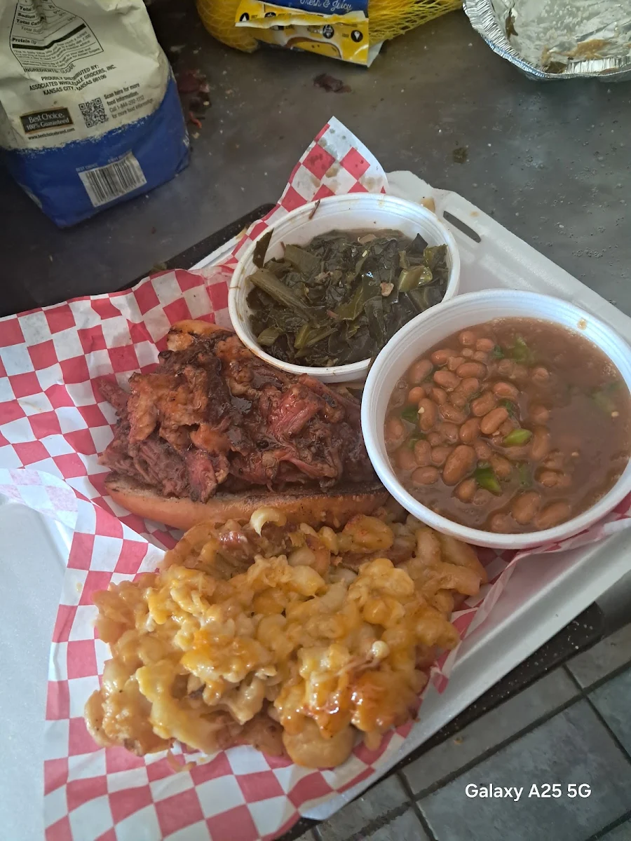 Pulled Pork and Cornbread Mac and Cheese Green Beans and Coleslaw