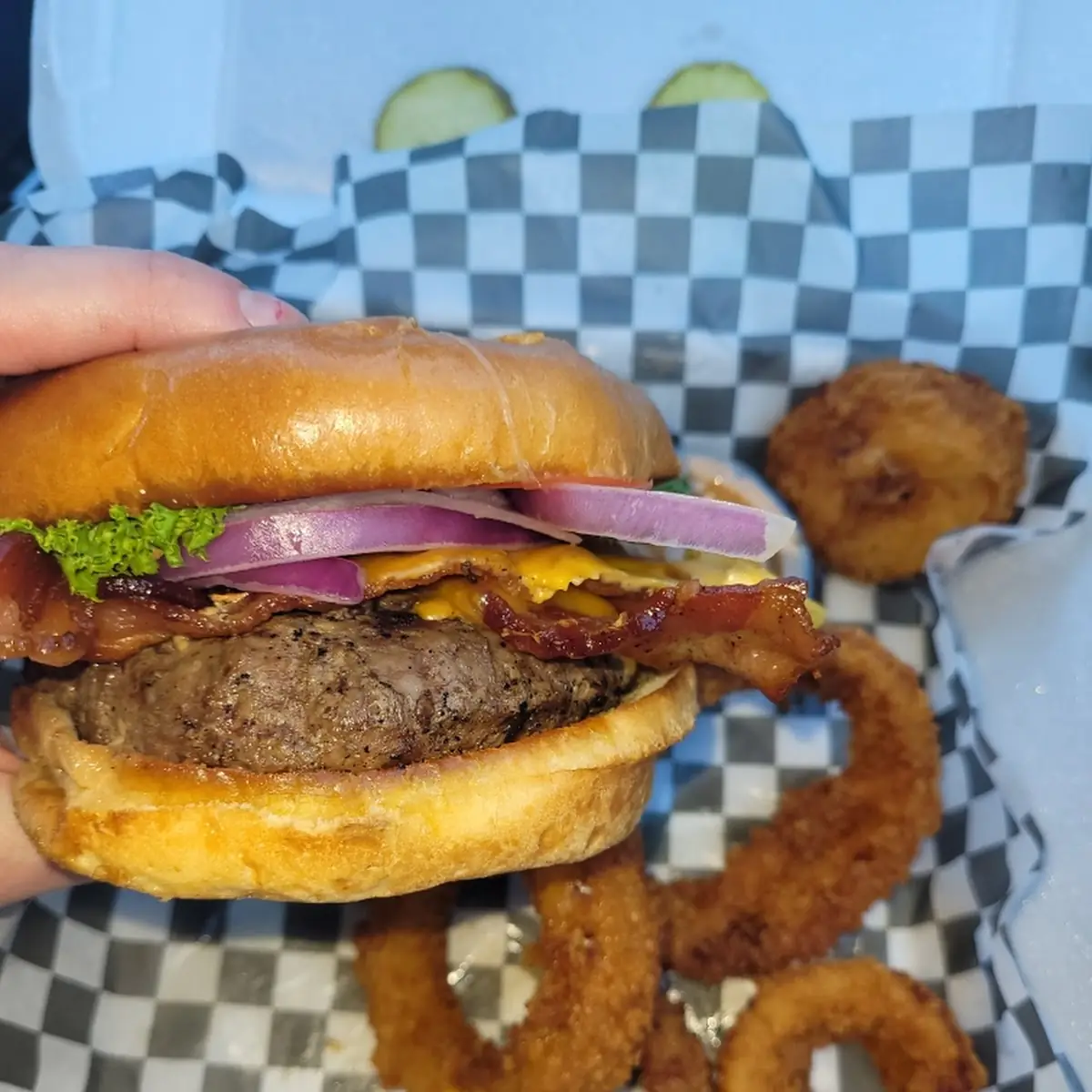 Bacon Cheeseburger and Onion Rings
