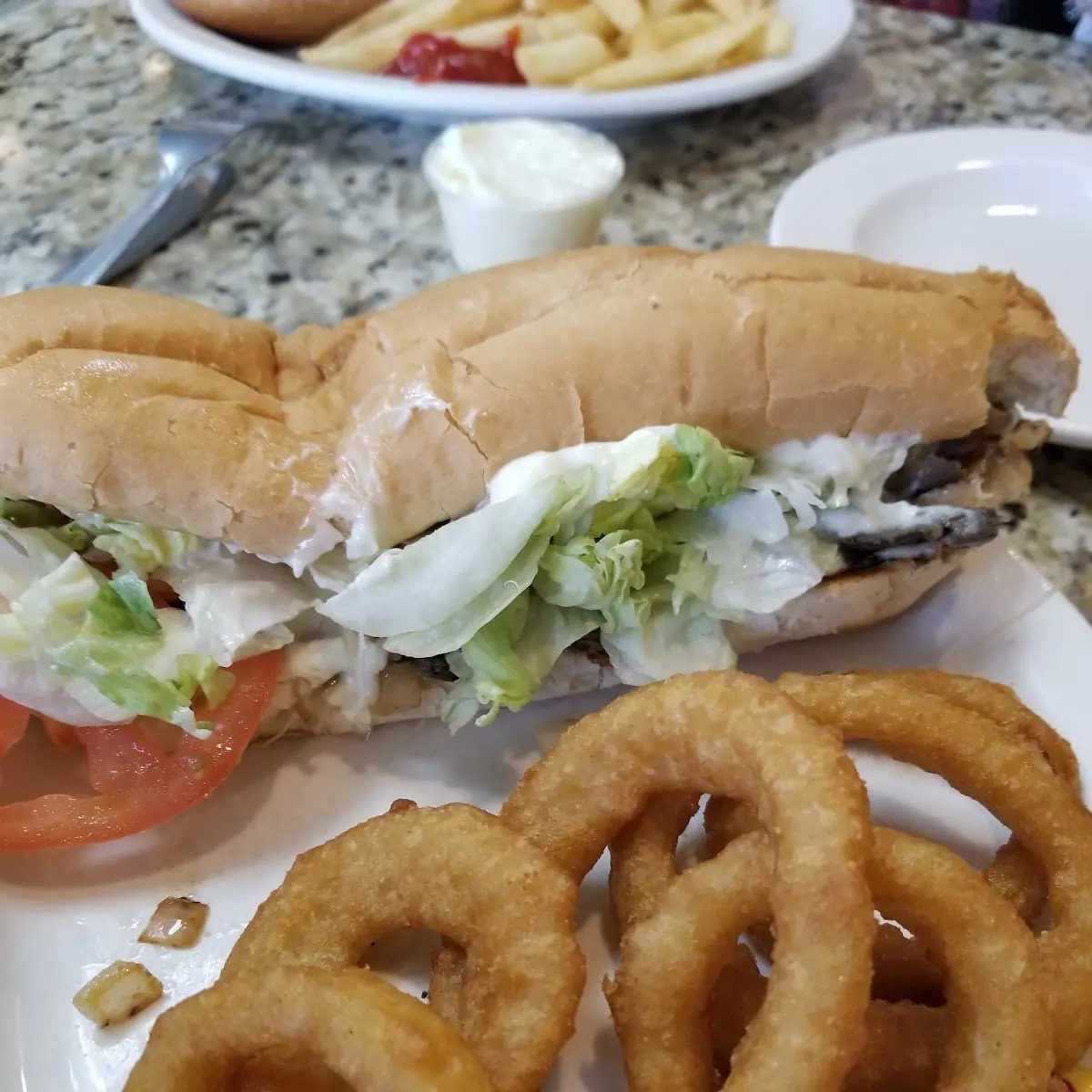 Cheese Steak and Onion Rings