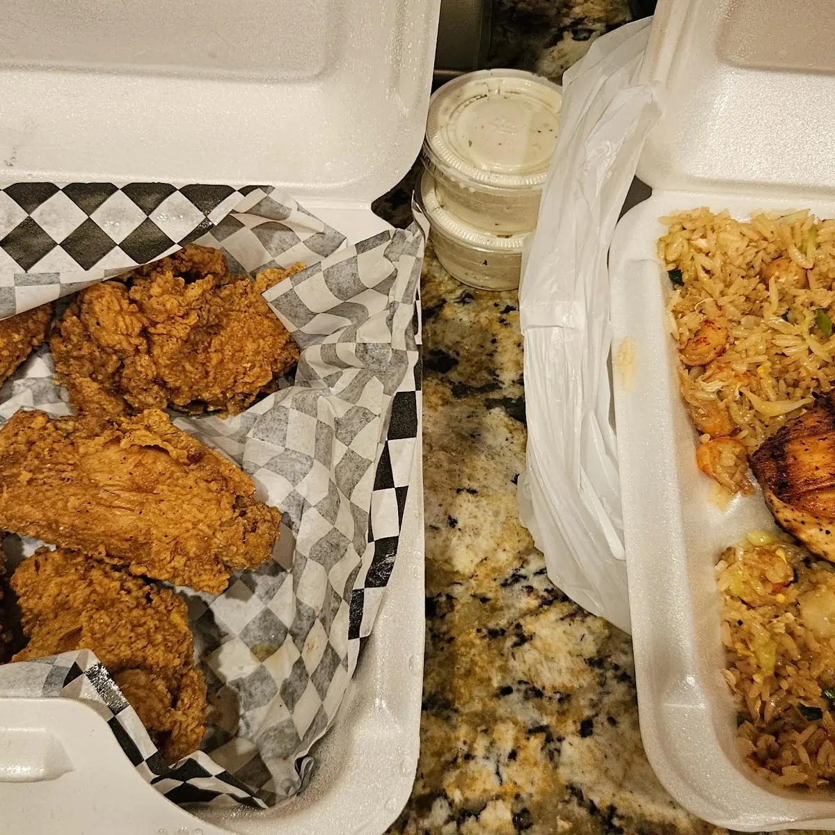 Battered Wings Grilled Salmon with Crawfish Fried Rice