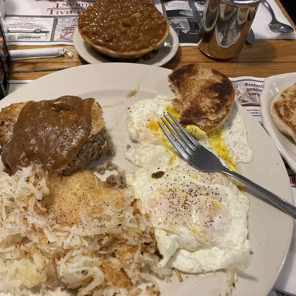 Pork Pie and 3 Eggs with Hash Browns