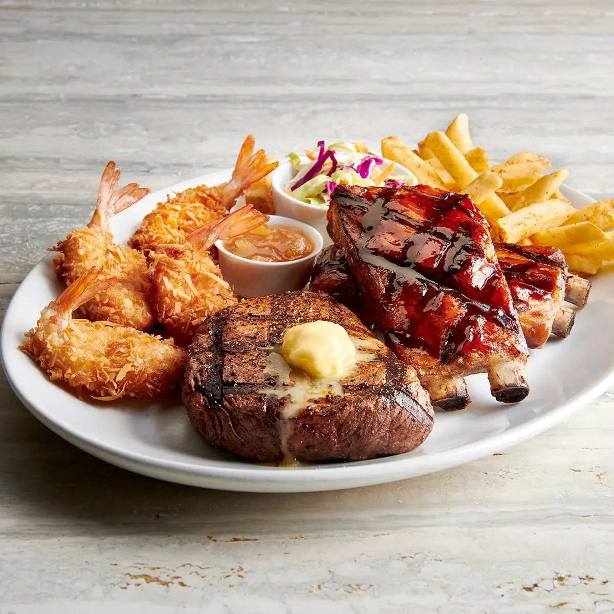 Ribs Steak & Shrimp Trio