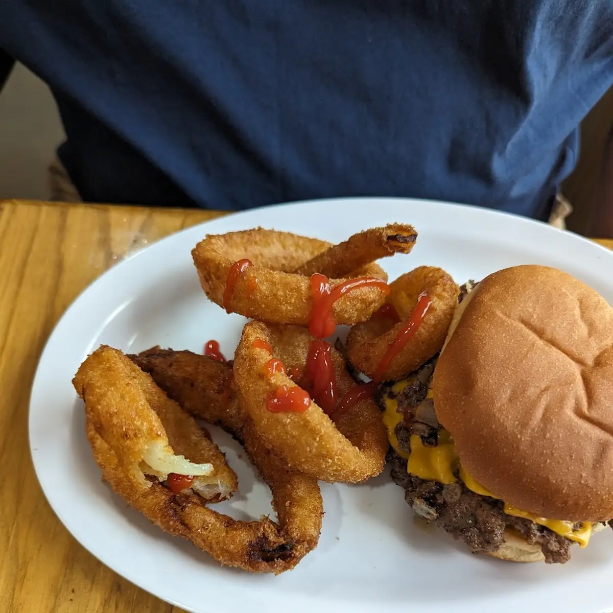 Smash Burger with Side of Onion Rings
