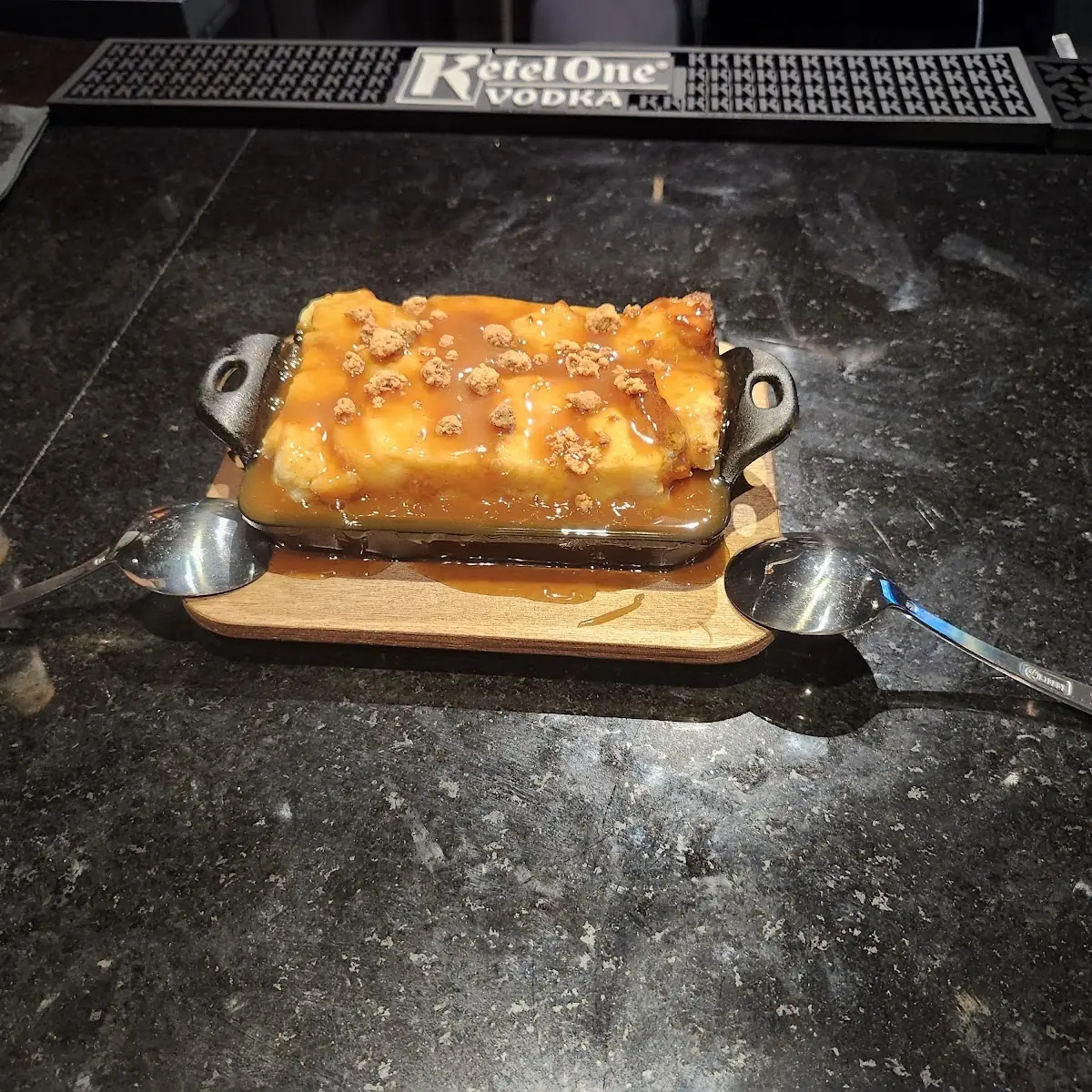 White Chocolate Toasted Bread Pudding with Homemade Caramel Sauce
