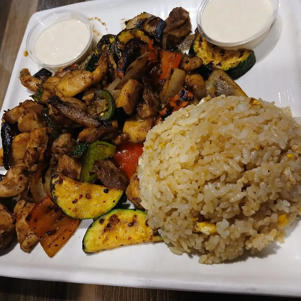 Steak Chicken Fried Rice and Vegetables