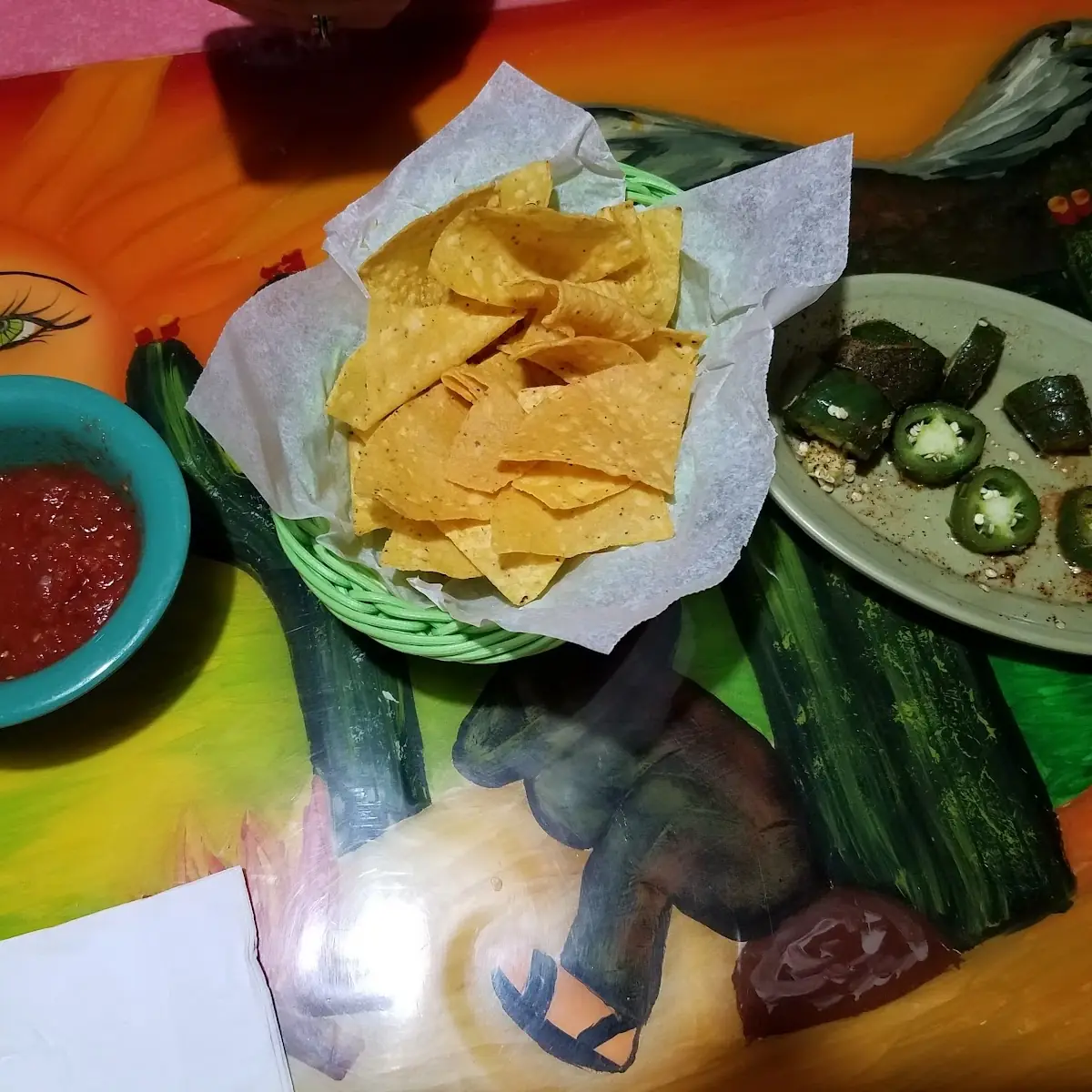 Chips Salsa and Fried Jalapenos