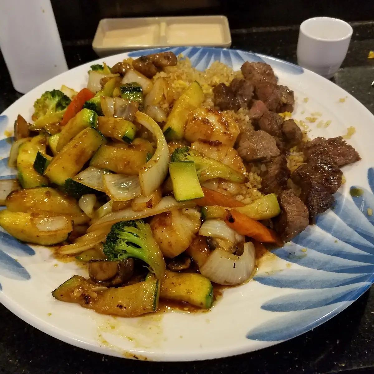 Steak Scallops Fried Rice Vegetables