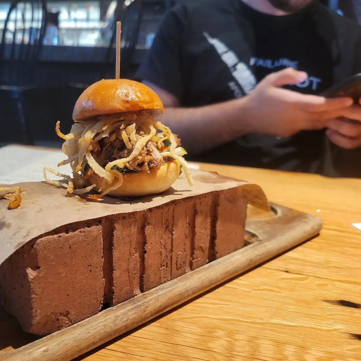 3 Little Pigs Slow-Roasted Pulled Pork Sliders Whiskey BBQ Sauce Apple Slaw Crispy Onion Stra