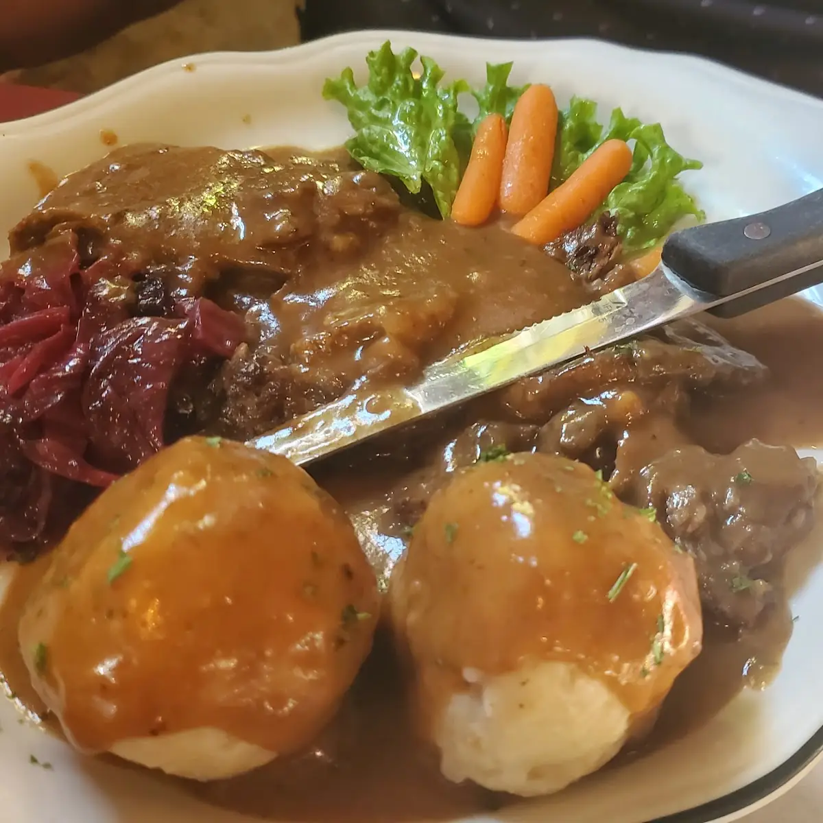 Sauerbraten with Red Cabbage Und Dumplings & Gravy