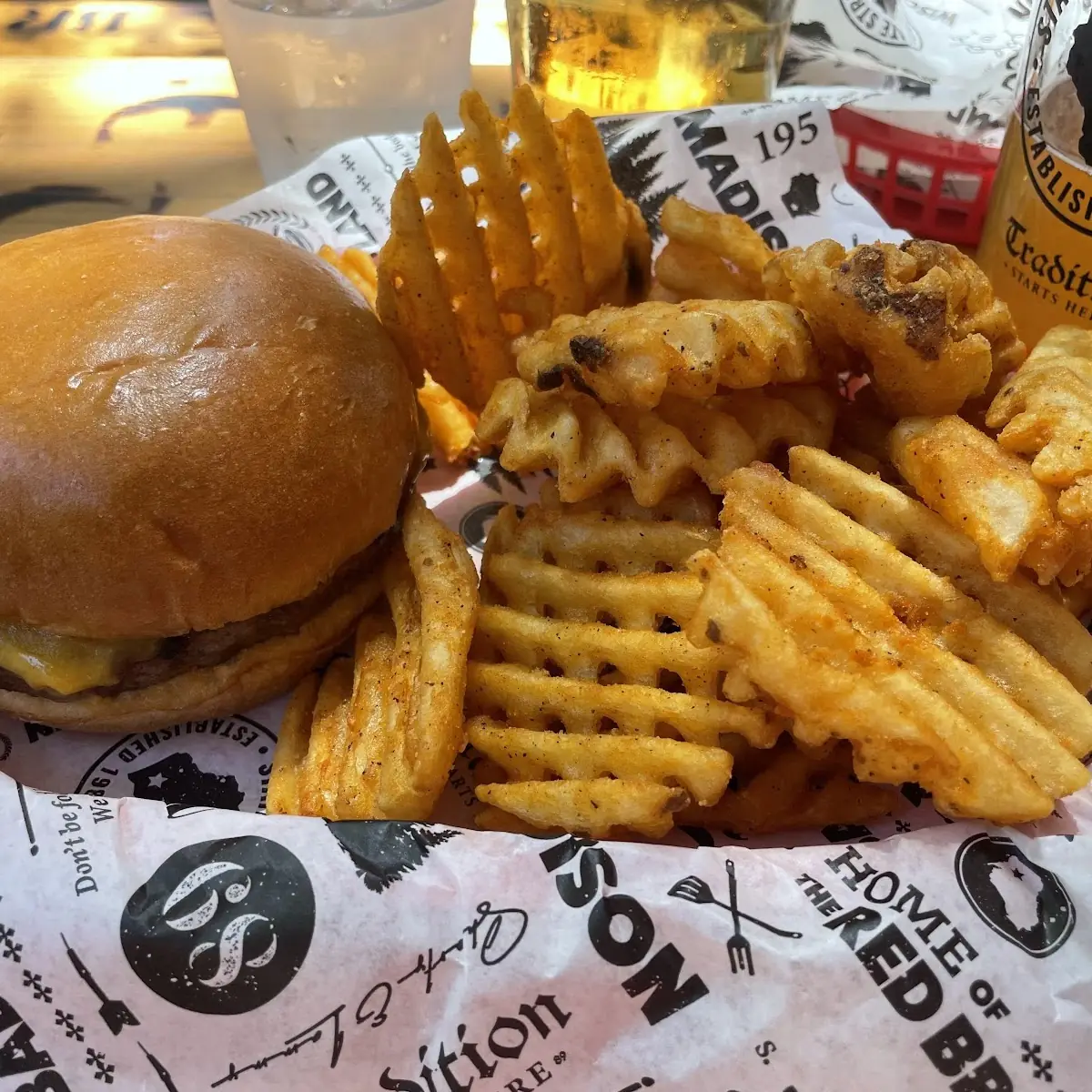 Brioche Bun Burger and Waffle Fries