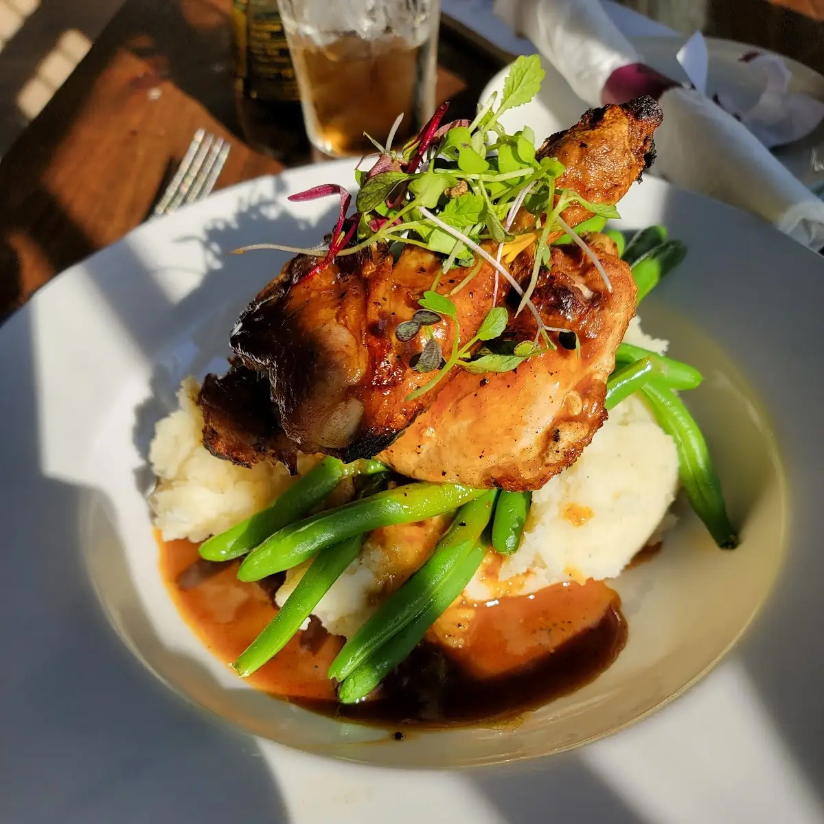 Half Roasted Chicken with Green Beans and Mashed Potatoes and Gravy