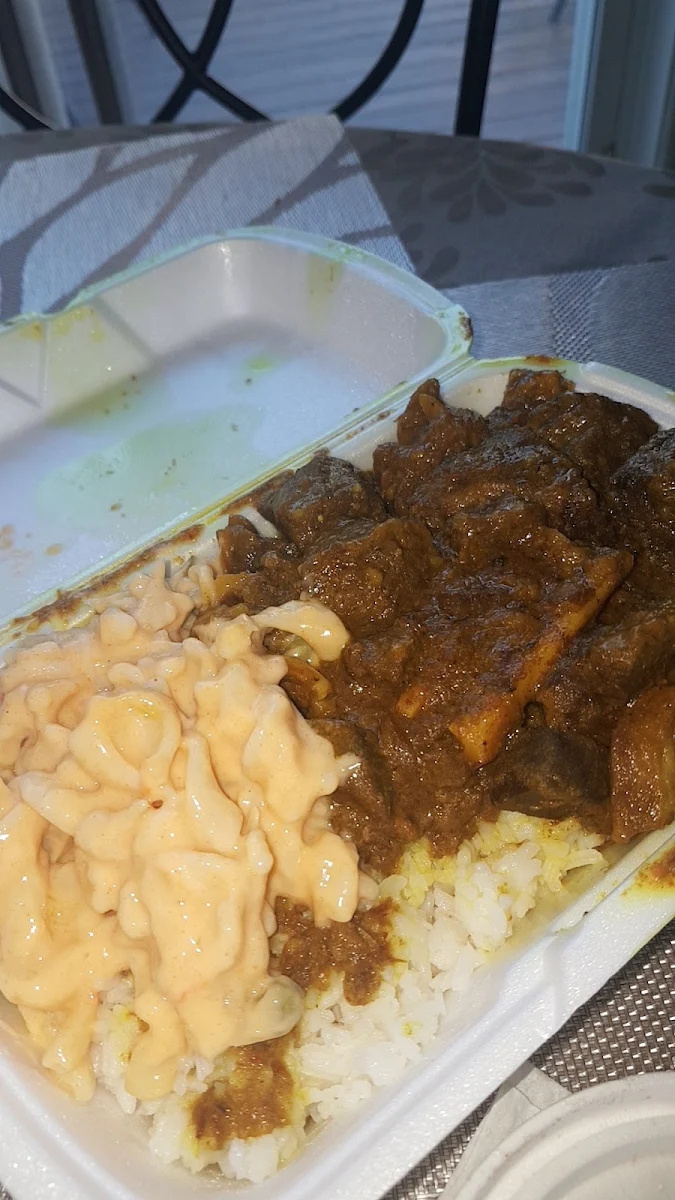 Curry Goat with White Rice and Macaroni Salad