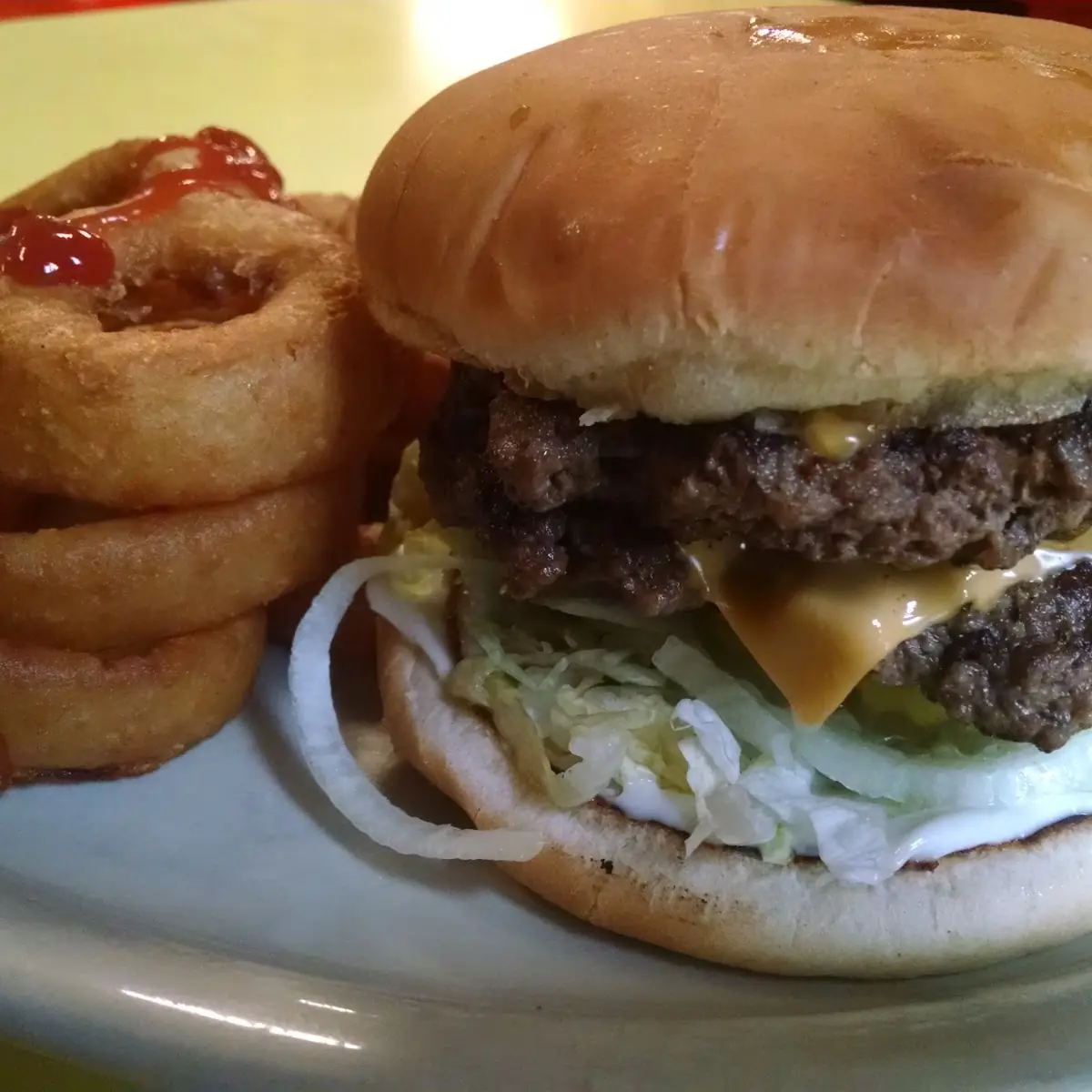 Jumbo Double Cheeseburger and Onion Rings
