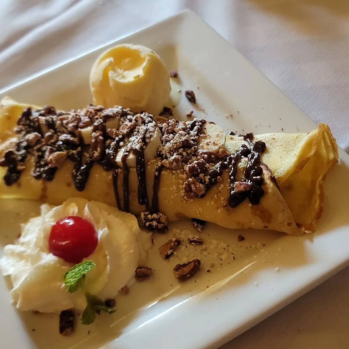 Banana Walnut Hot Fudge Desert Crepe
