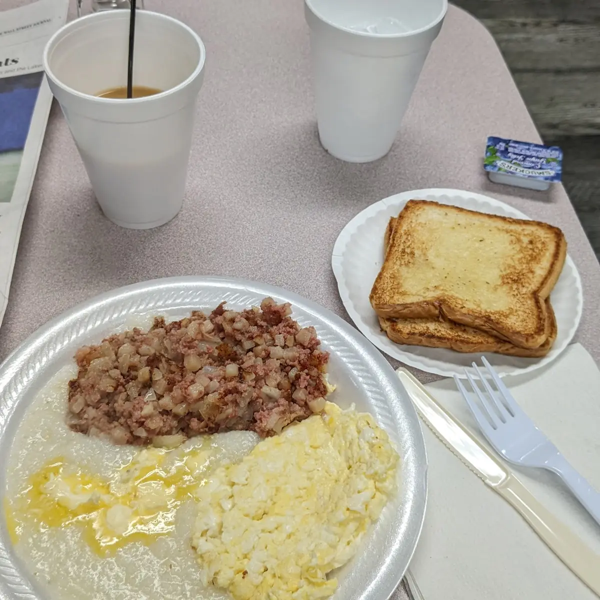 Corned Beef Hash Eggs and Grits w White Toast