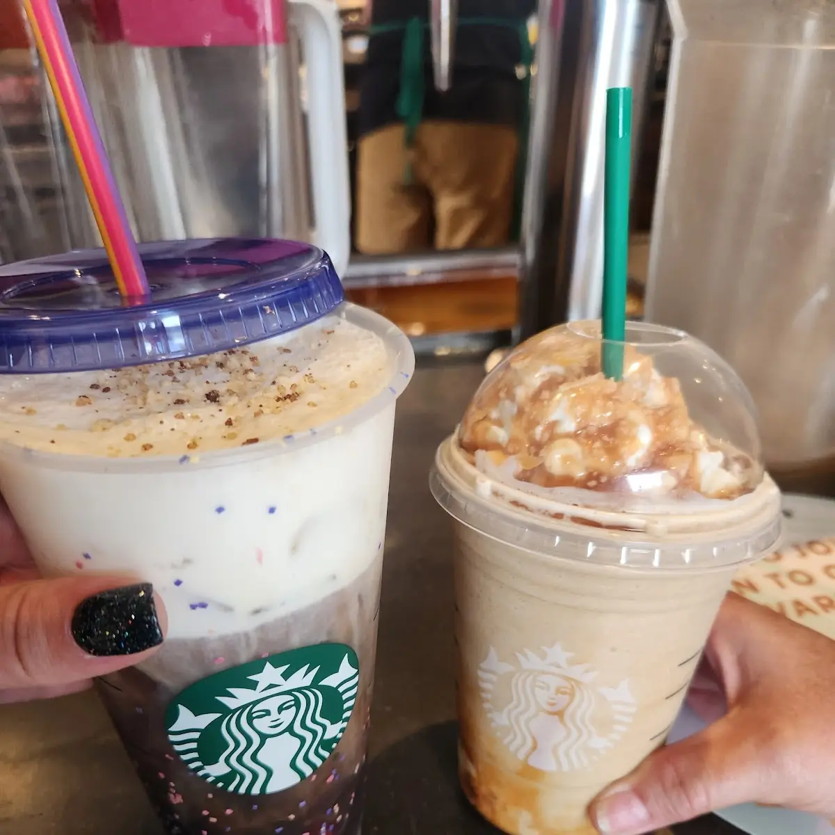 White Chocolate Macadamia Nut Cold Brew Coffee and Caramel Crunch Frappuccino