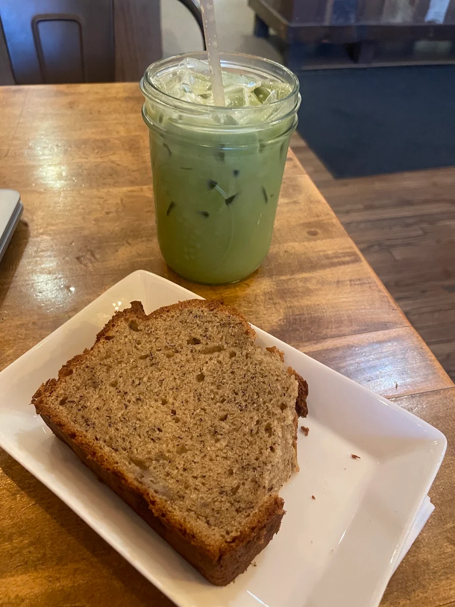 Iced Matcha Latte with Banana Nut Bread