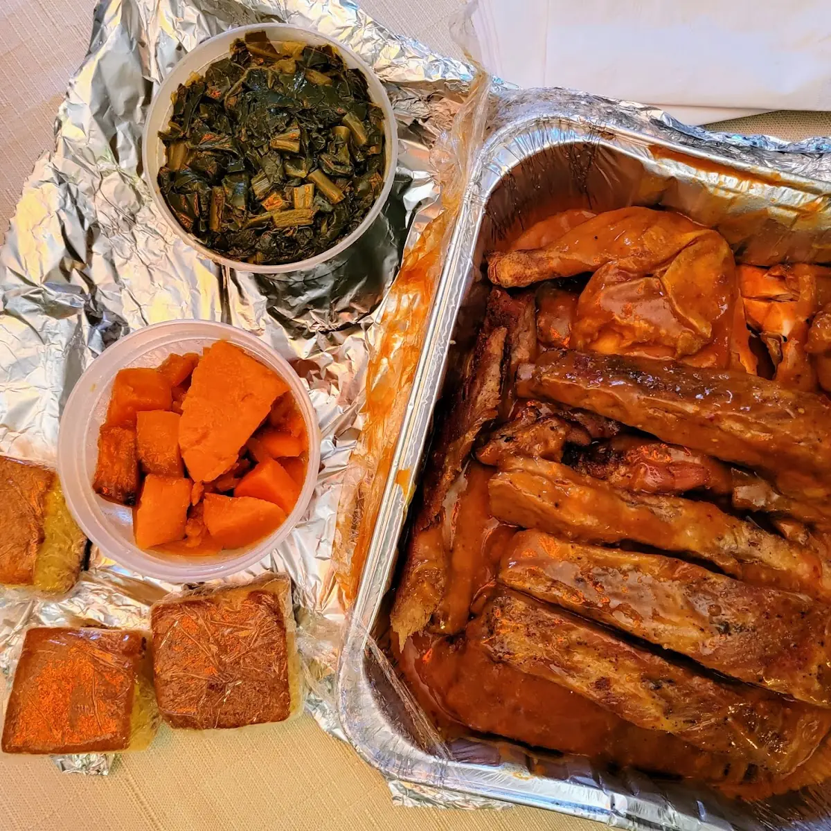 Whole Rack Ribs Half Chicken Collards Yams Corn Bread