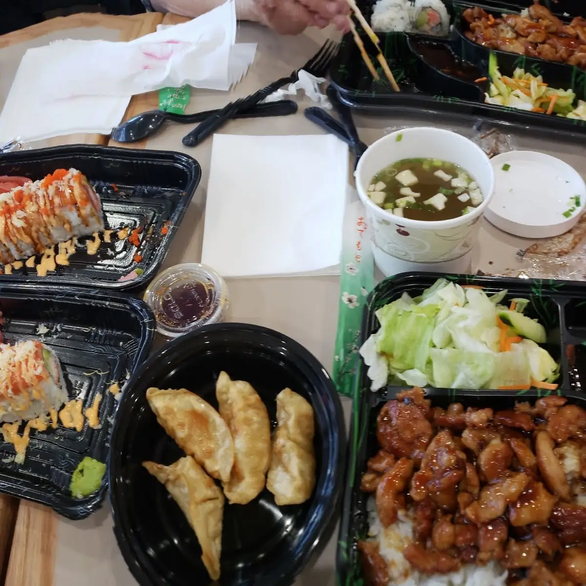 Miso Soup Chicken Bento Box Spring Roll Red Bull Roll Volcano Roll Dumplings