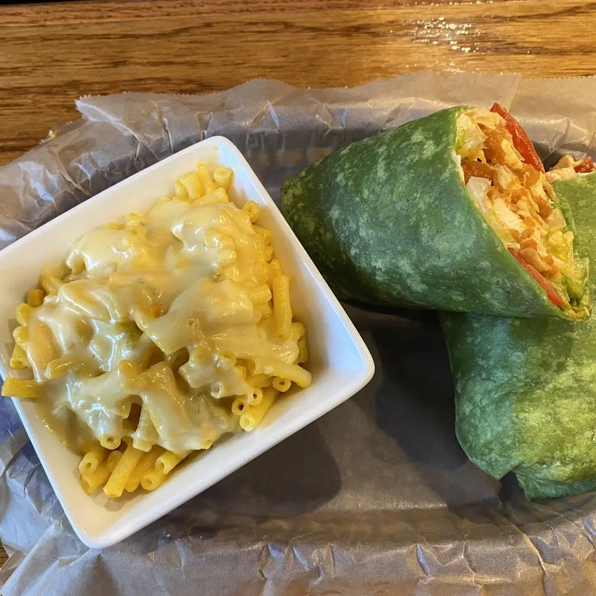 Buffalo Chicken Wrap with Mac and Cheese