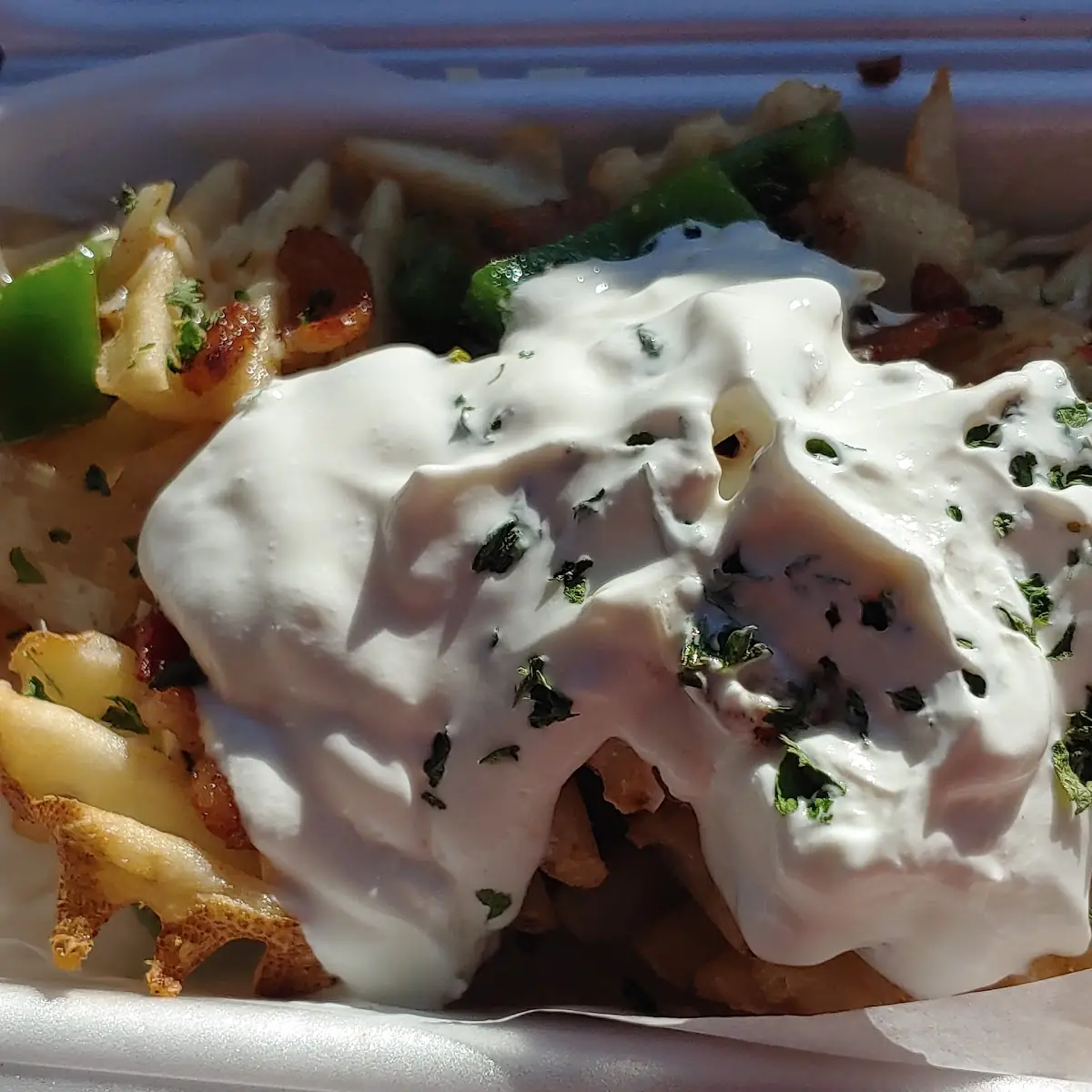 Bacon and Cream Waffle Fries with Cheese