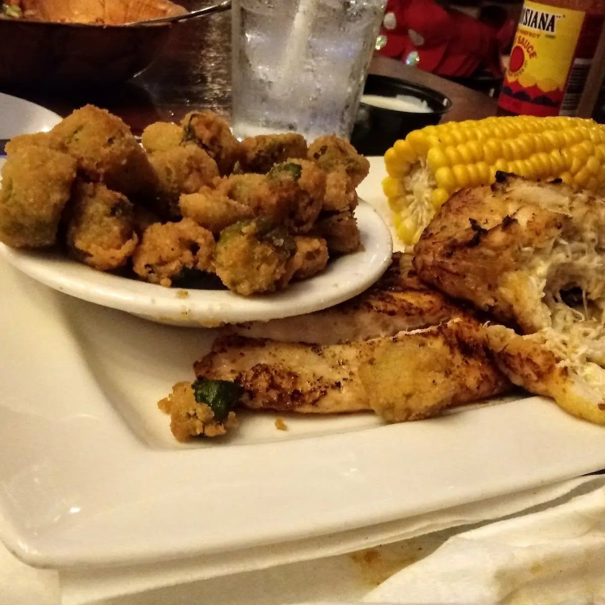 Red Fish Crab Cake Fried Okra Corn on the Cobb