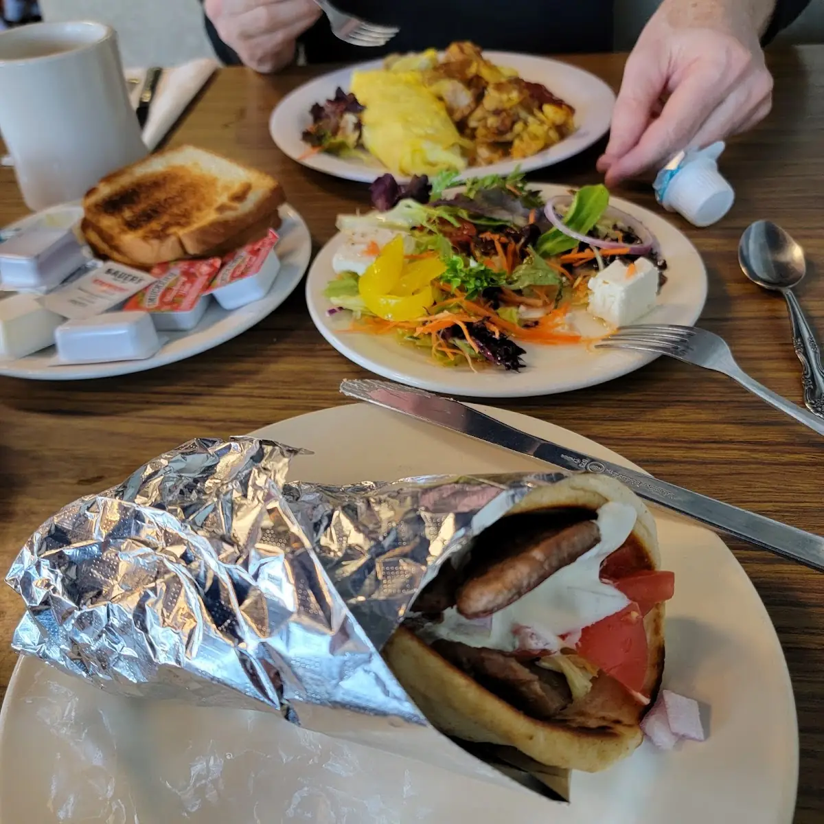 Gyro Vegetable Omelette Hash Browns Toast