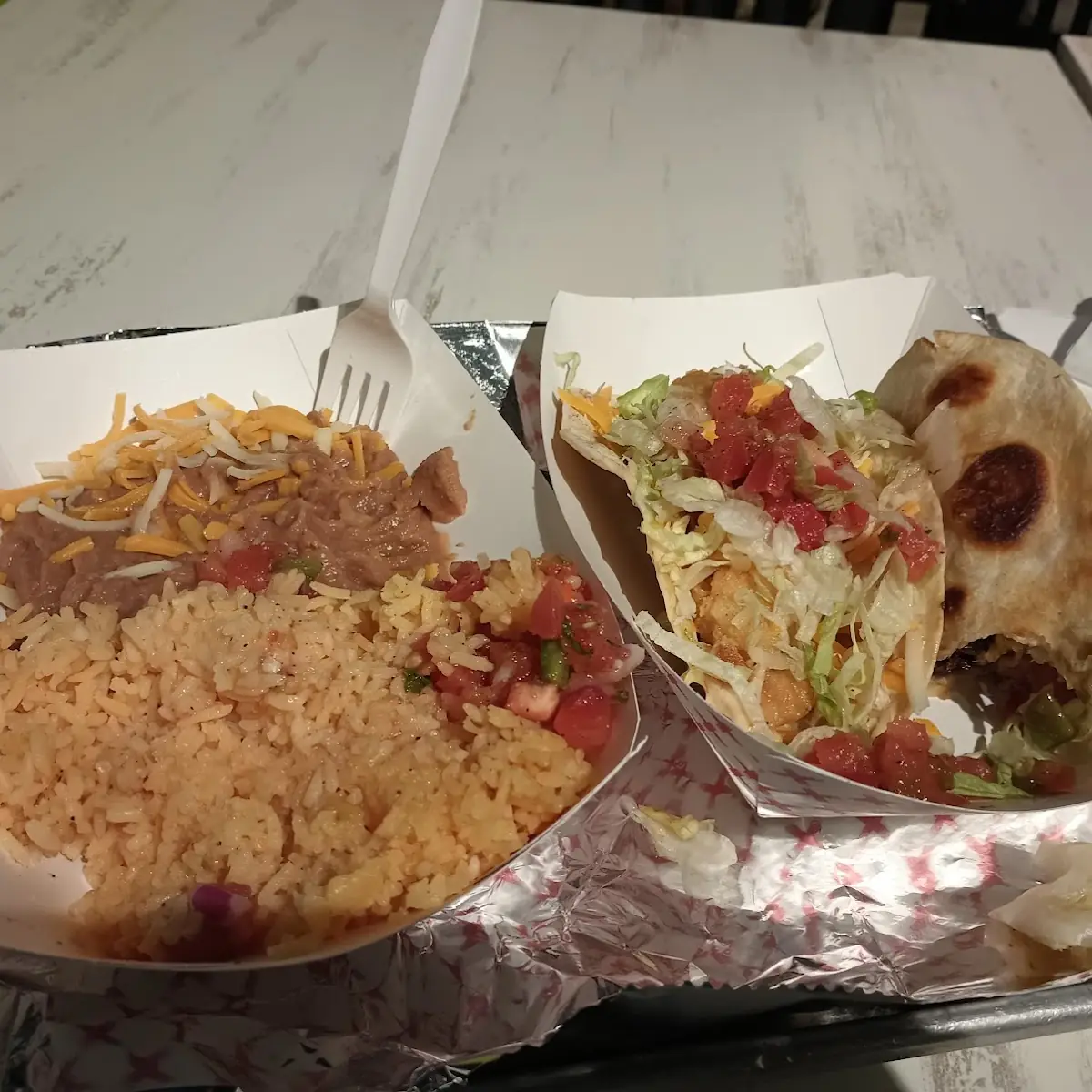 Steak Taco Shrimp Taco with Rice and Beans