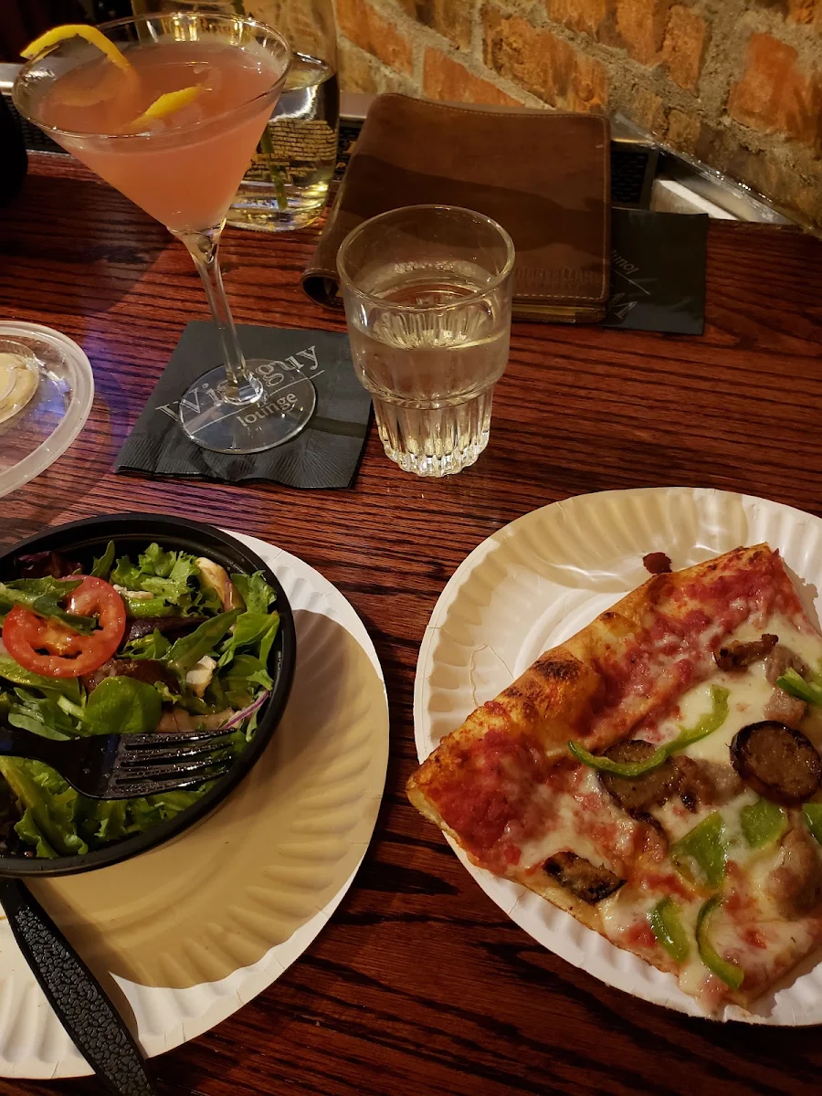 Pizza Slice House Side Salad and Chardonnay
