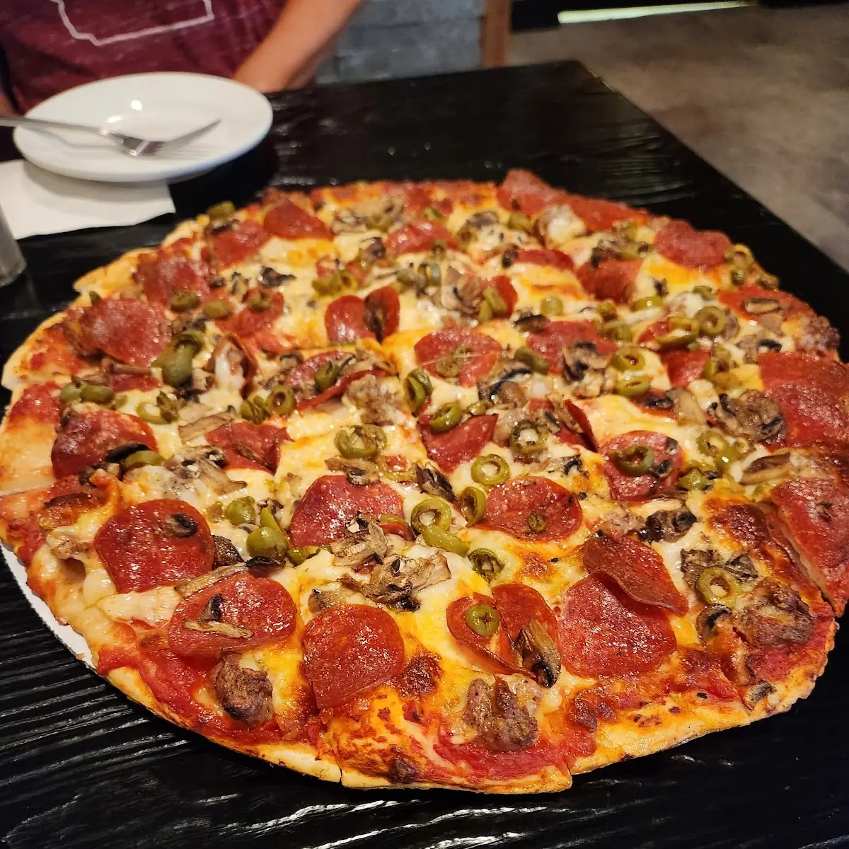 Pepperoni Mushroom Green Olive Pizza